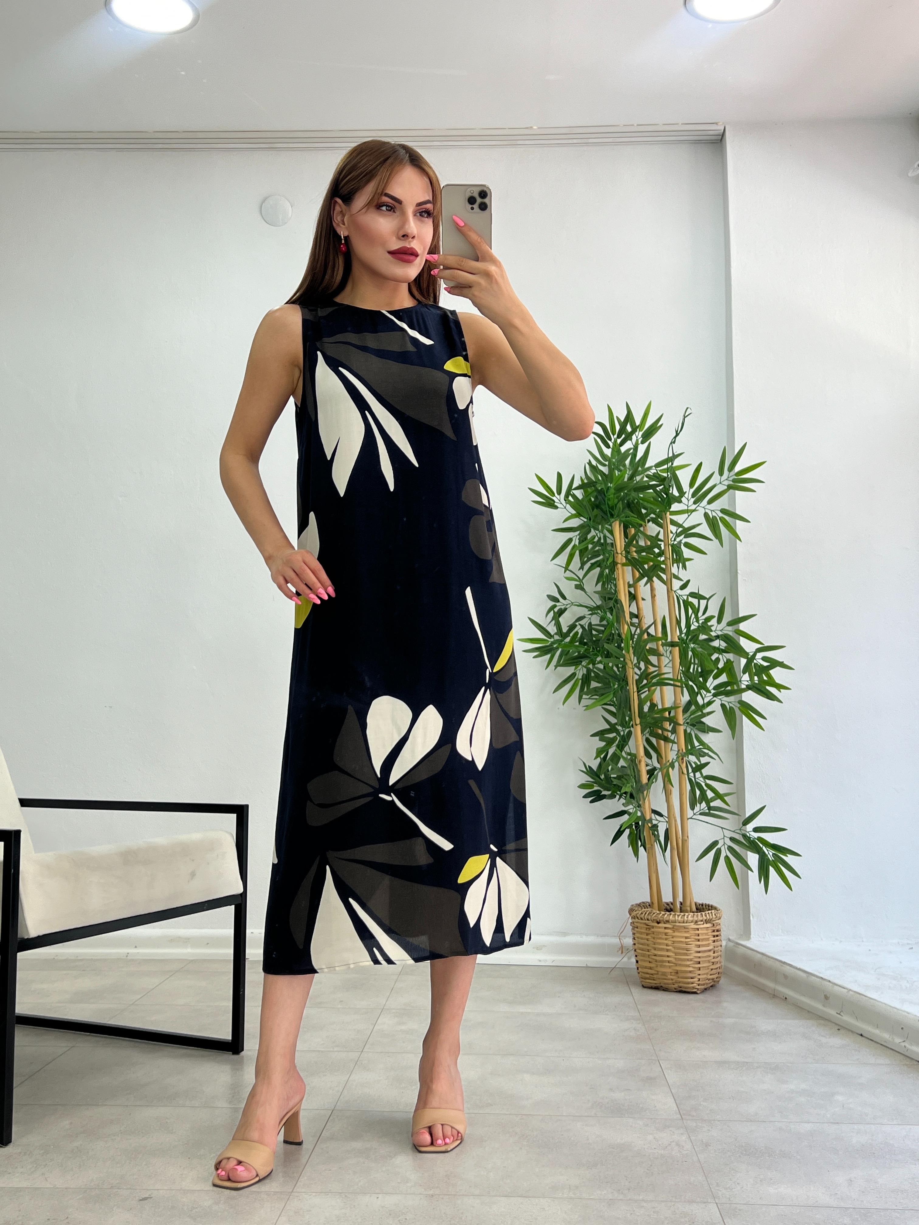 SARI-LACİVERT-BEYAZ DESENLİ ORJİNAL ELBİSE