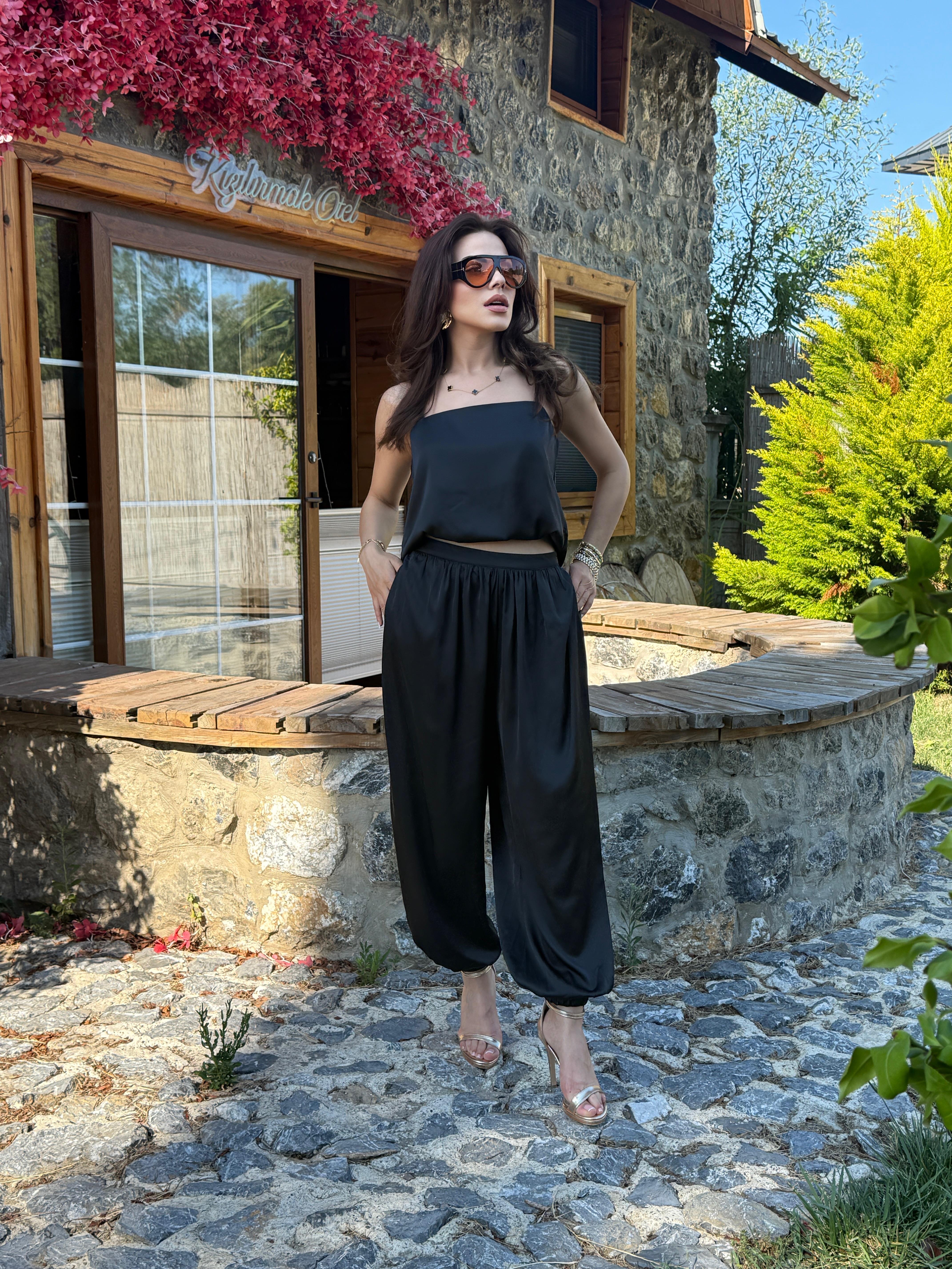 SATEN BLUZ ŞALVAR TAKIM SİYAH