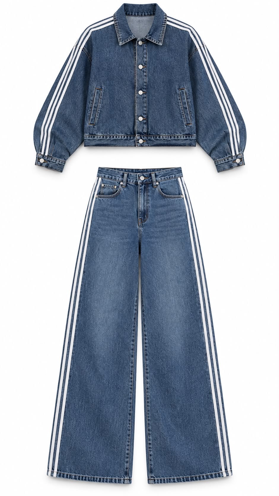 Şerit Detaylı Crop Denim Ceket ve Geniş Paça Takım