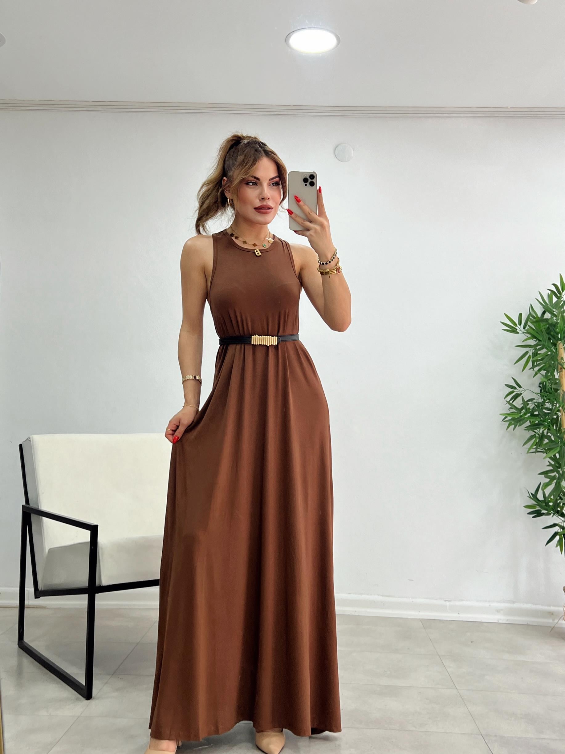 SIFIR YAKA MODAL KUMAŞ BASİC ELBİSE KAHVE