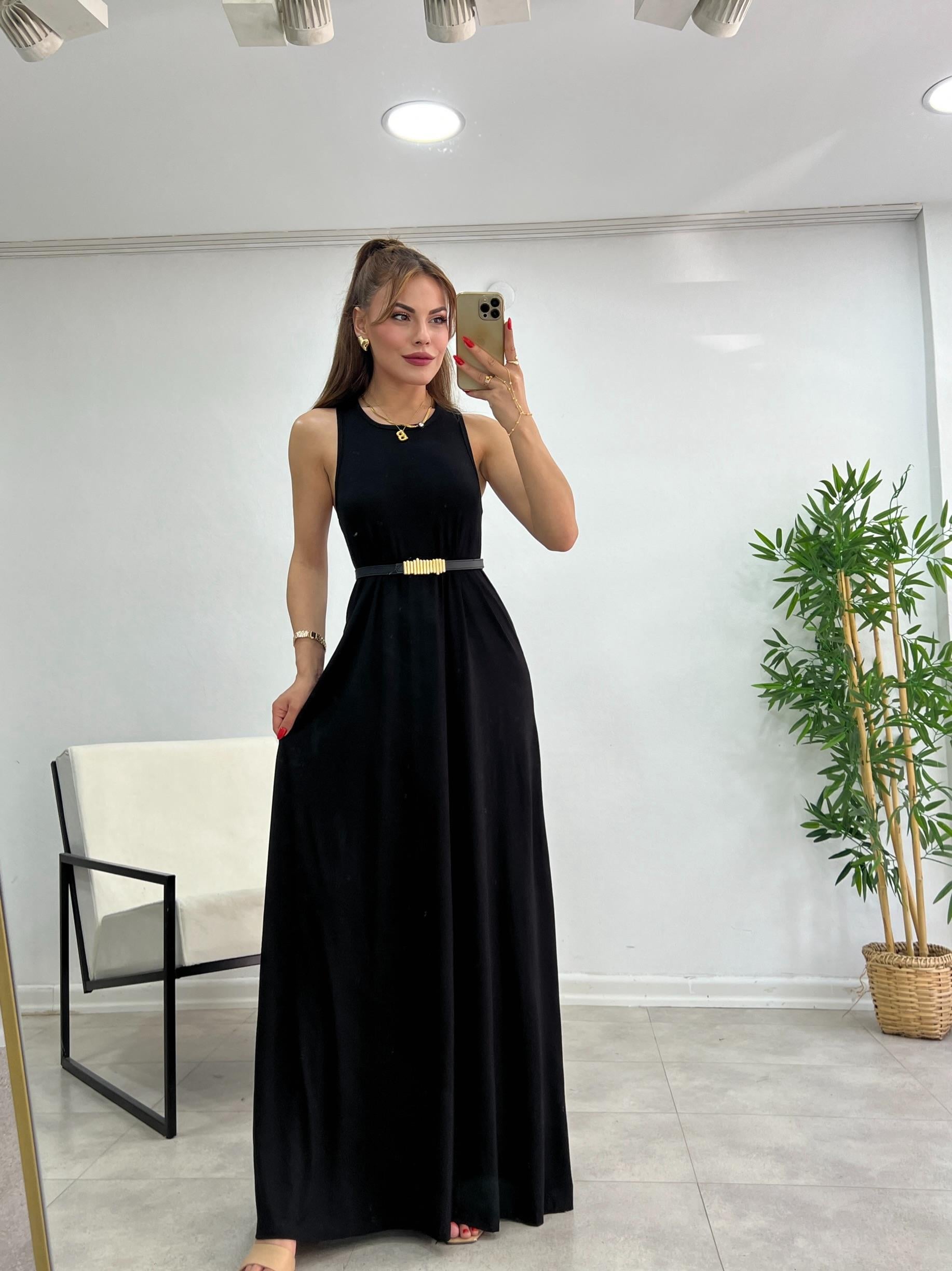 SIFIR YAKA MODAL KUMAŞ BASİC ELBİSE SİYAH