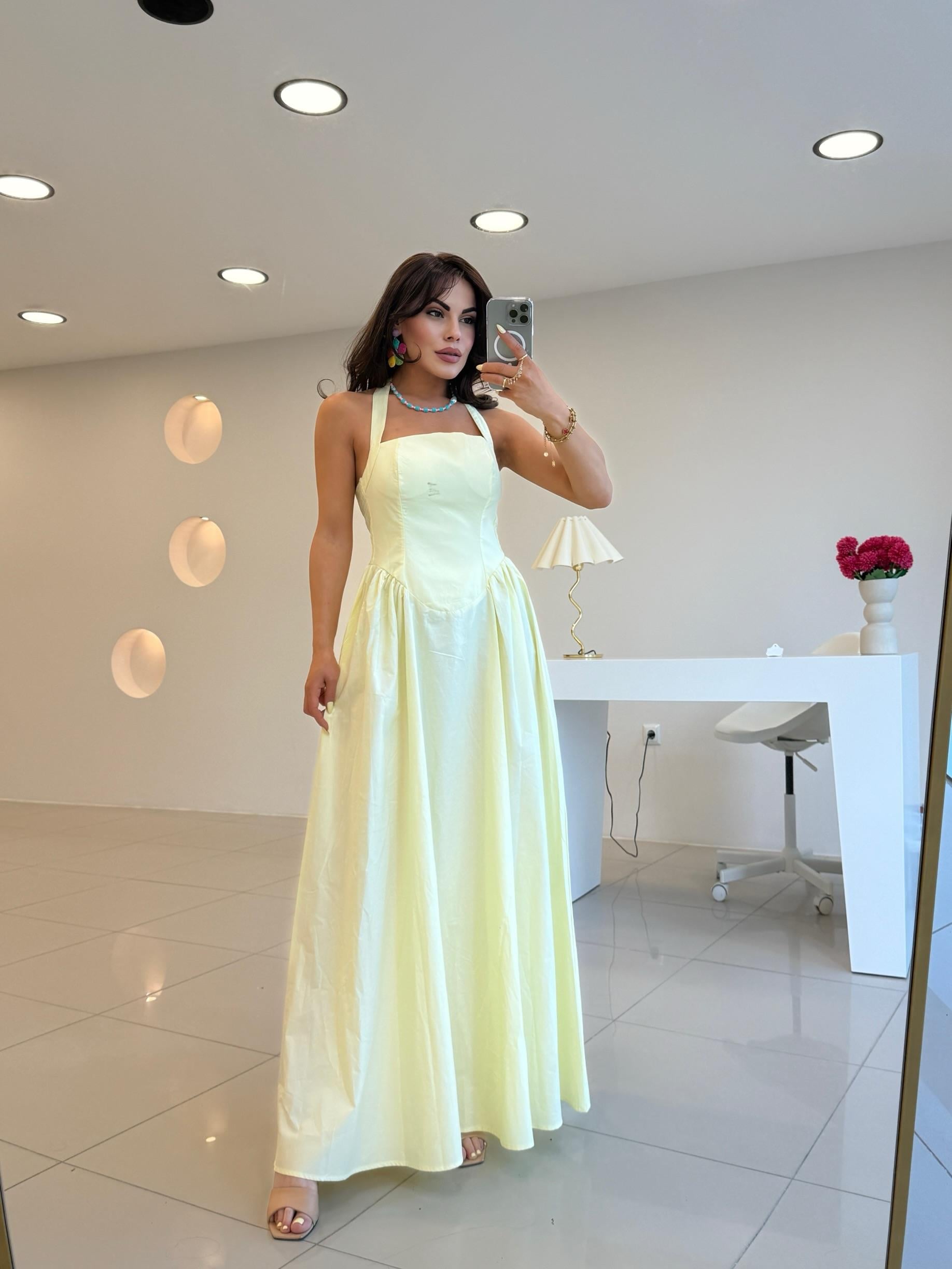 SIRT DEKOLTELİ POPLİN ELBİSE SARI