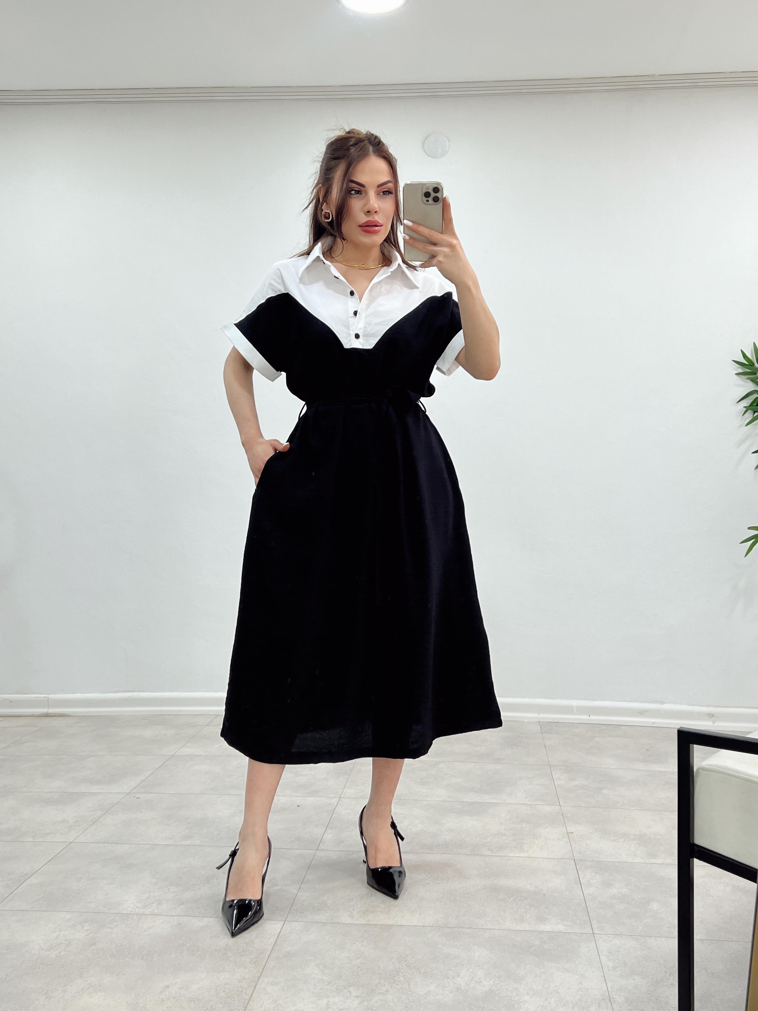 SİYAH BEYAZ KUŞAKLI MİDİ BOY ELBİSE