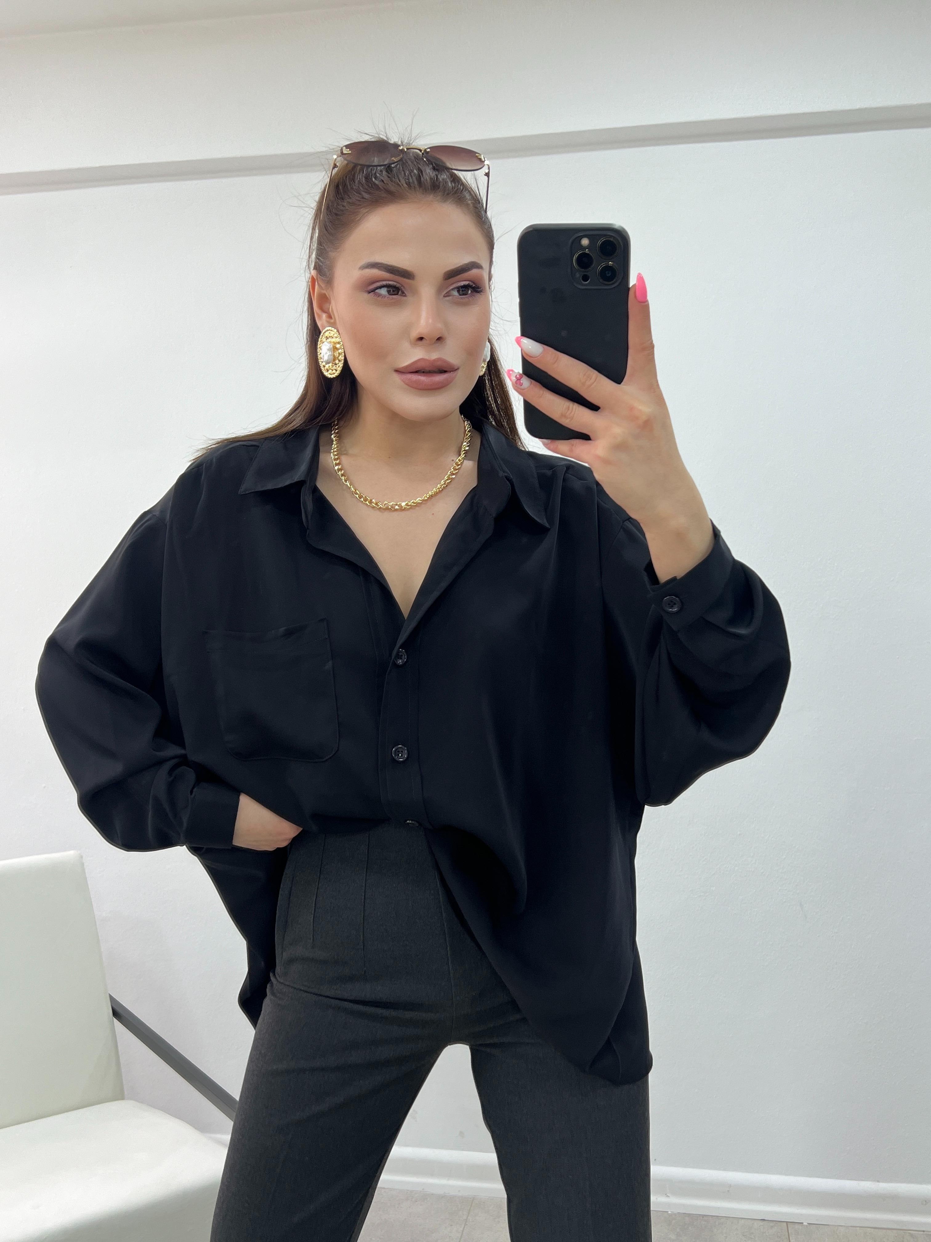 SİYAH GREP KUMAŞ OVERSİZE GÖMLEK