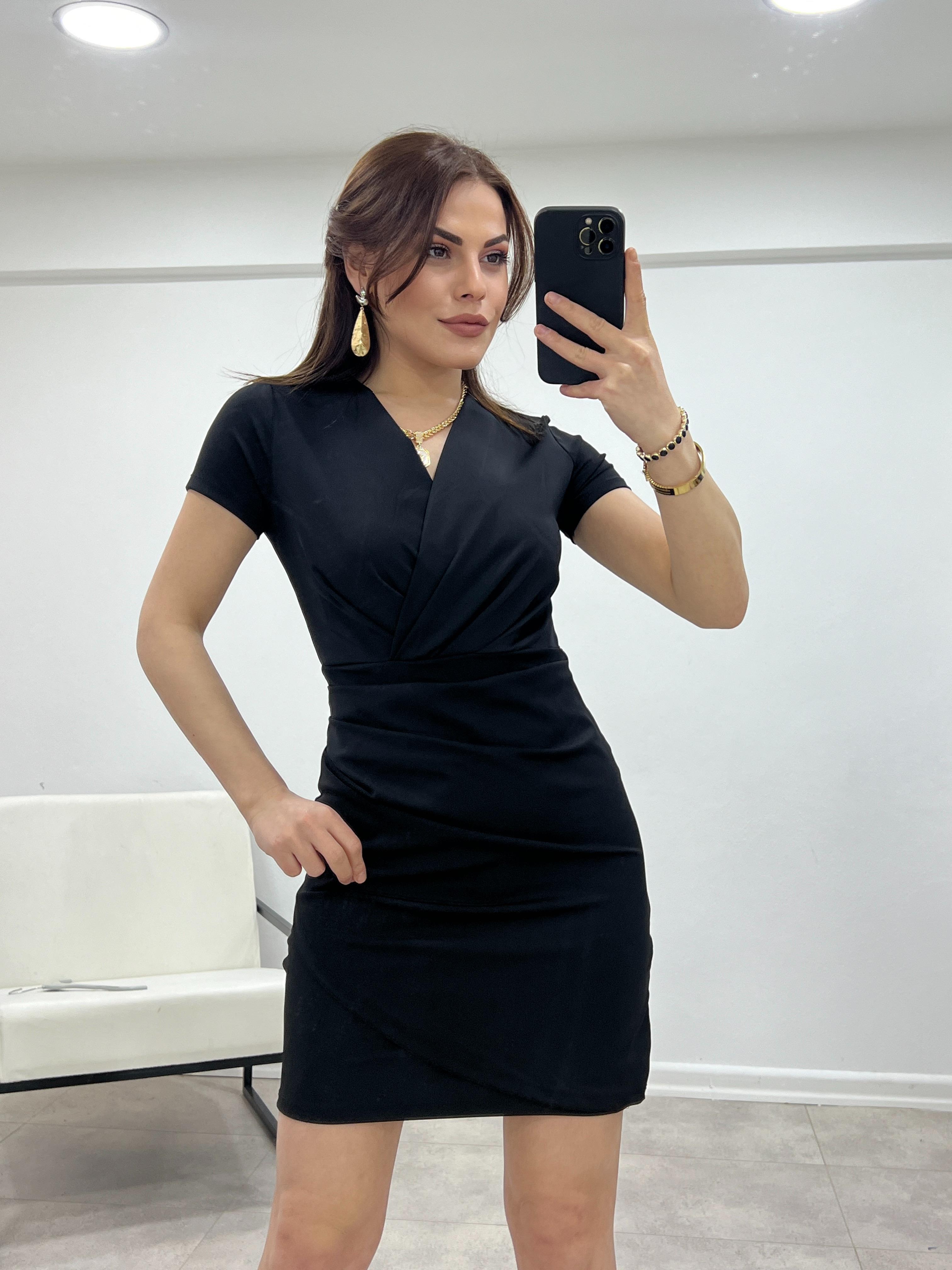 SİYAH JARSE KUMAŞ DRAPELİ ELBİSE