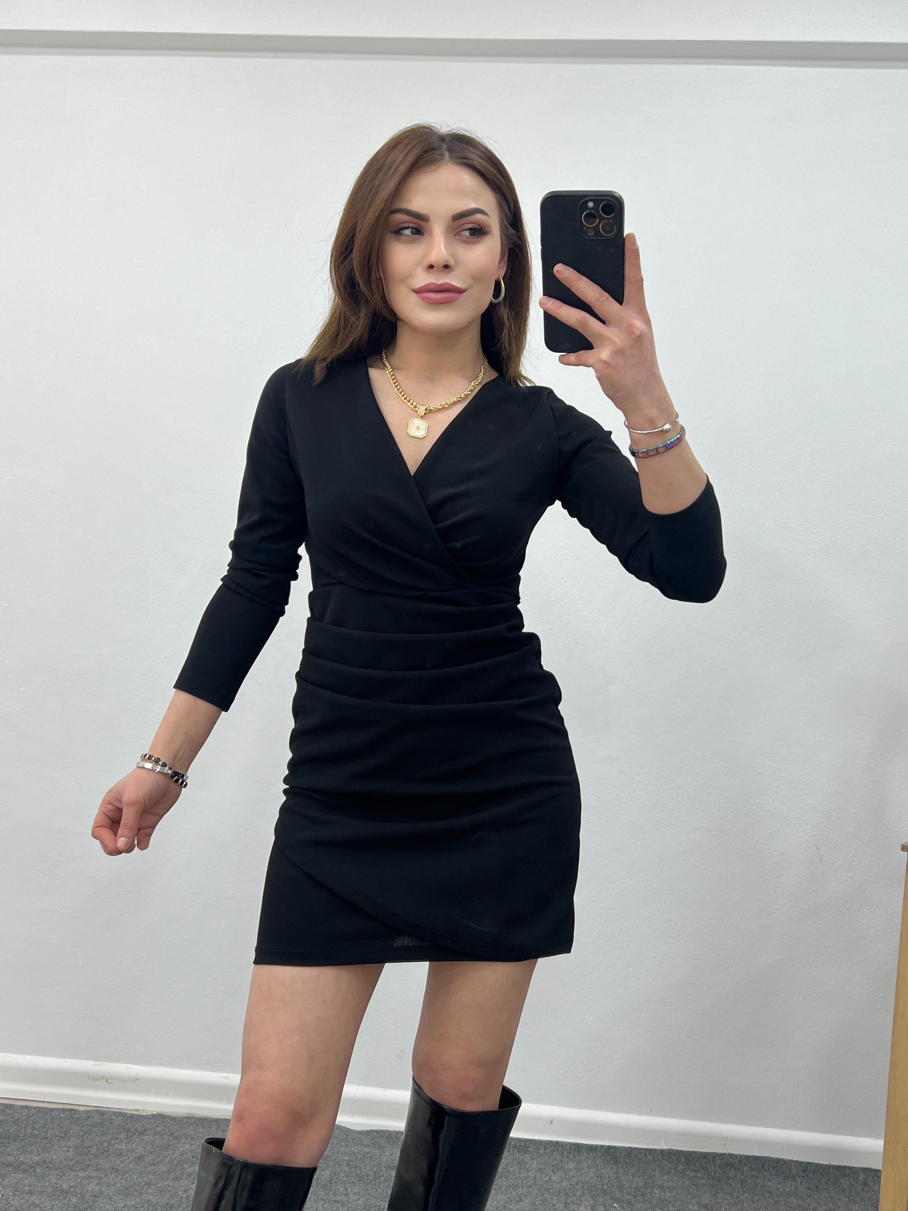 SİYAH KRUVAZE DRAPELİ ELBİSE