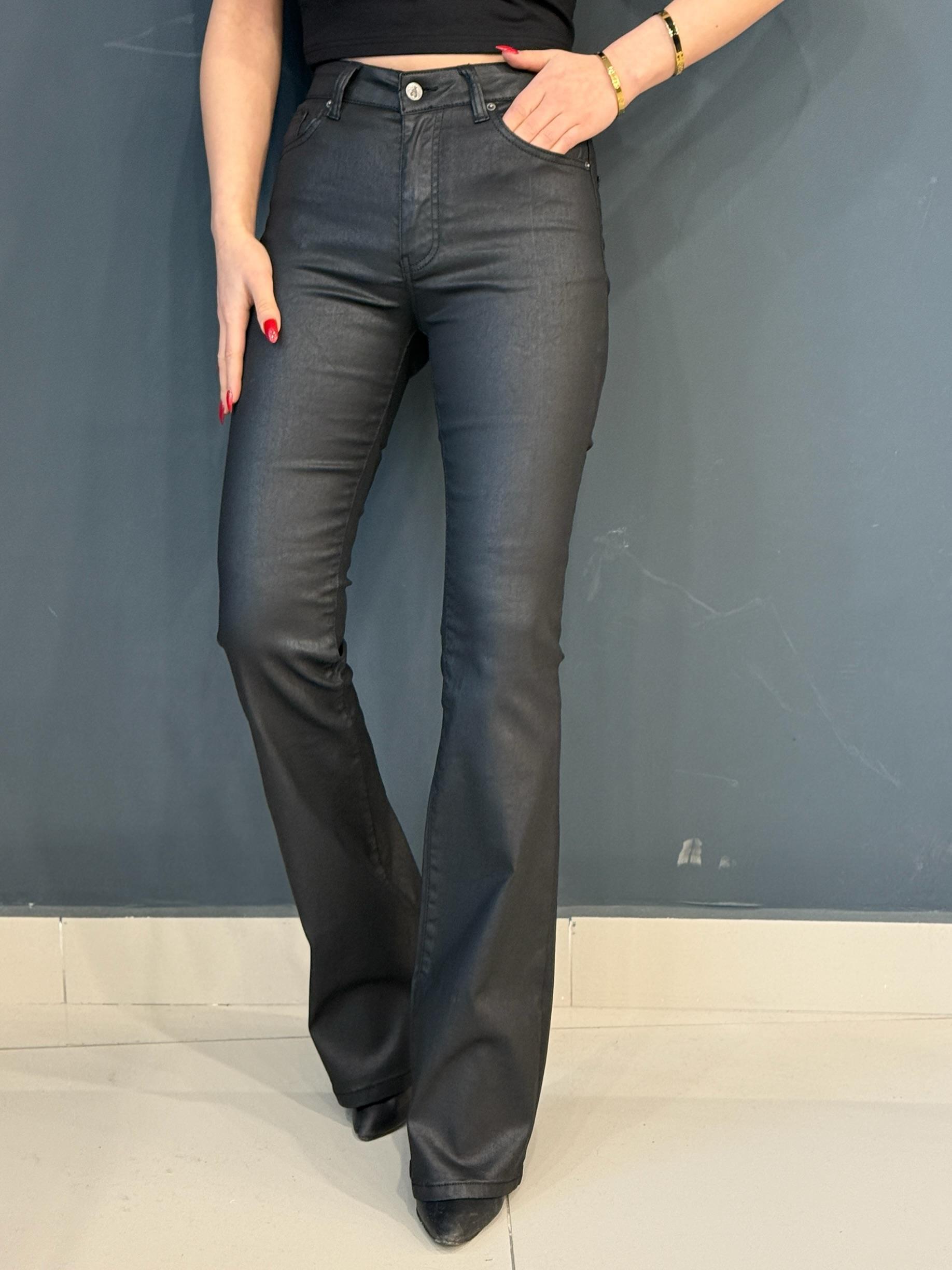 SİYAH MUM KAPLAMA İSPANYOL PAÇA TOPARLAYICI PANTOLON 