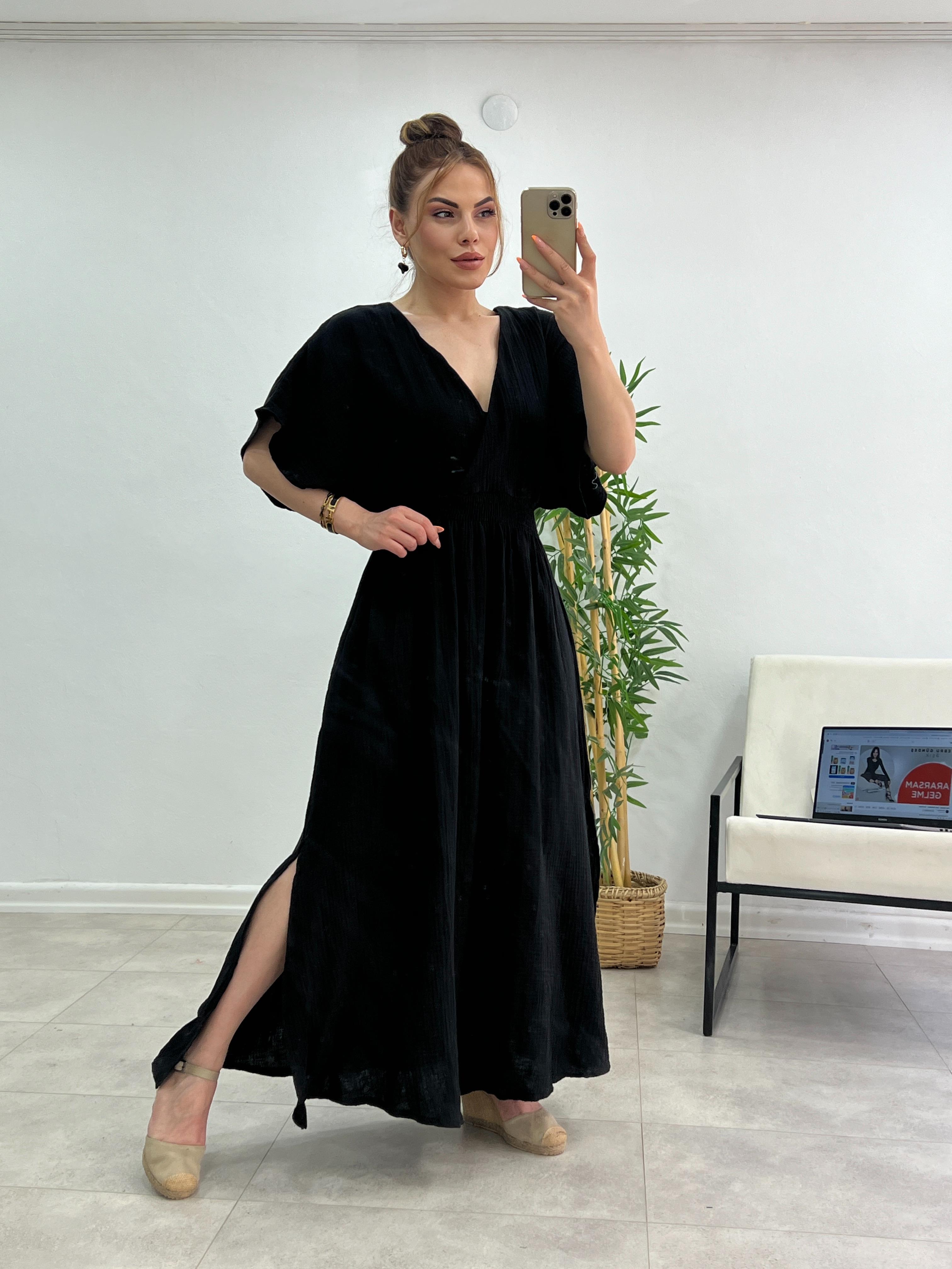 SİYAH MÜSLİN KETEN ELBİSE