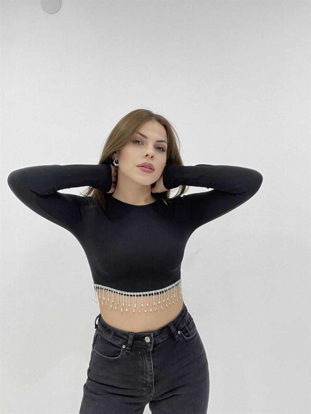 SİYAH TAŞLI CROP TRİKO