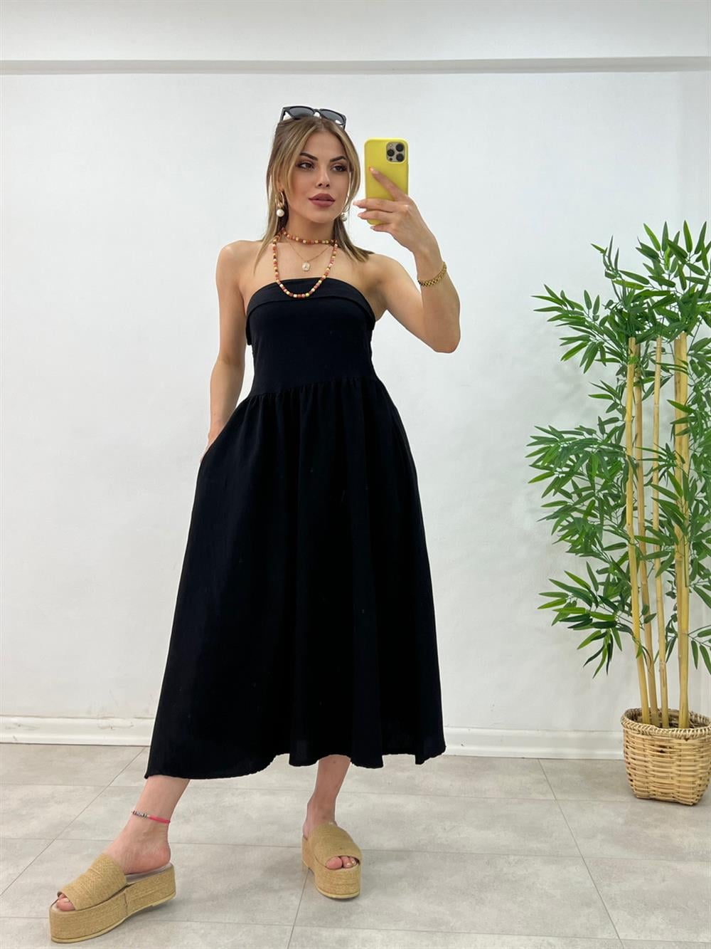 STRAPLEZ KETEN ELBİSE SİYAH