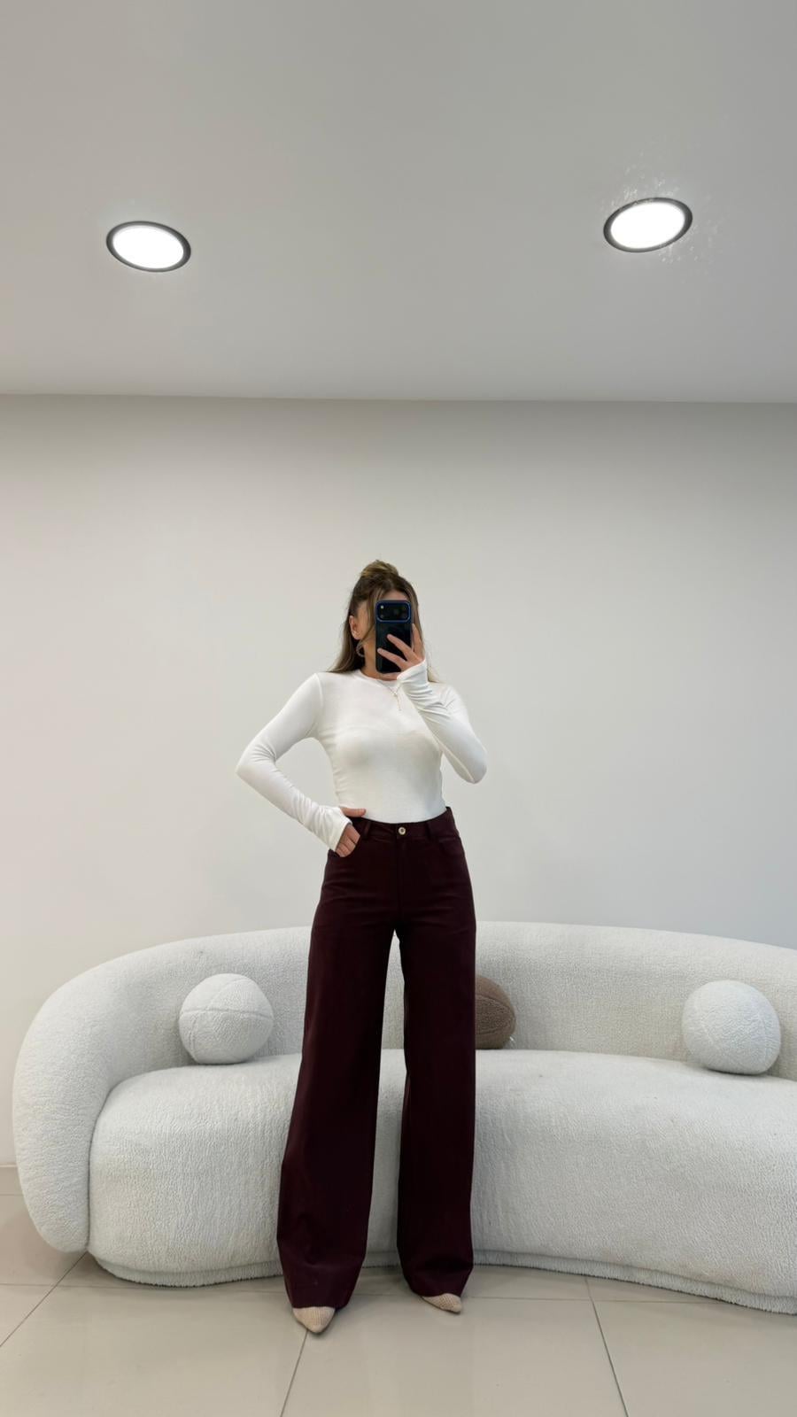 SÜET GÖRÜNÜMLÜ BORU PAÇA  KUMAŞ PANTOLON BORDO