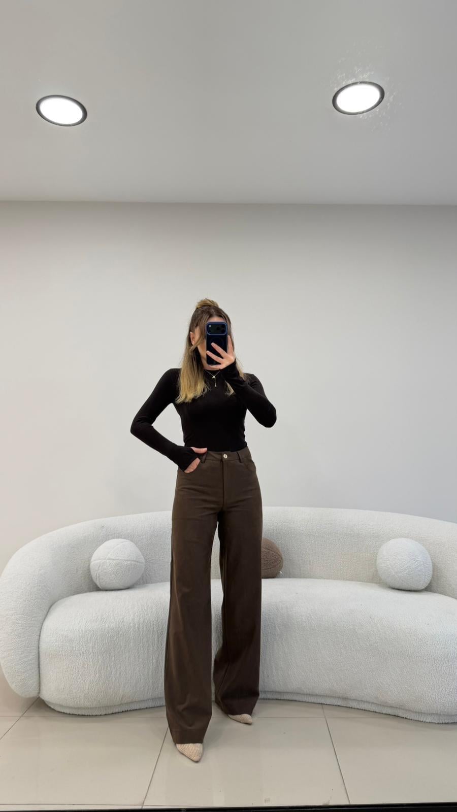 SÜET GÖRÜNÜMLÜ BORU PAÇA  KUMAŞ PANTOLON KAHVE