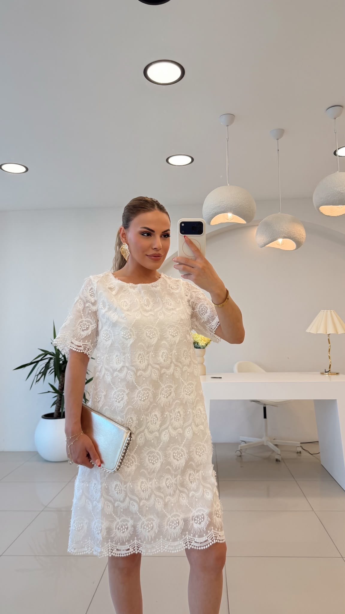 TASARIM GÜPÜRLÜ BASİC  ELBİSE BEYAZ