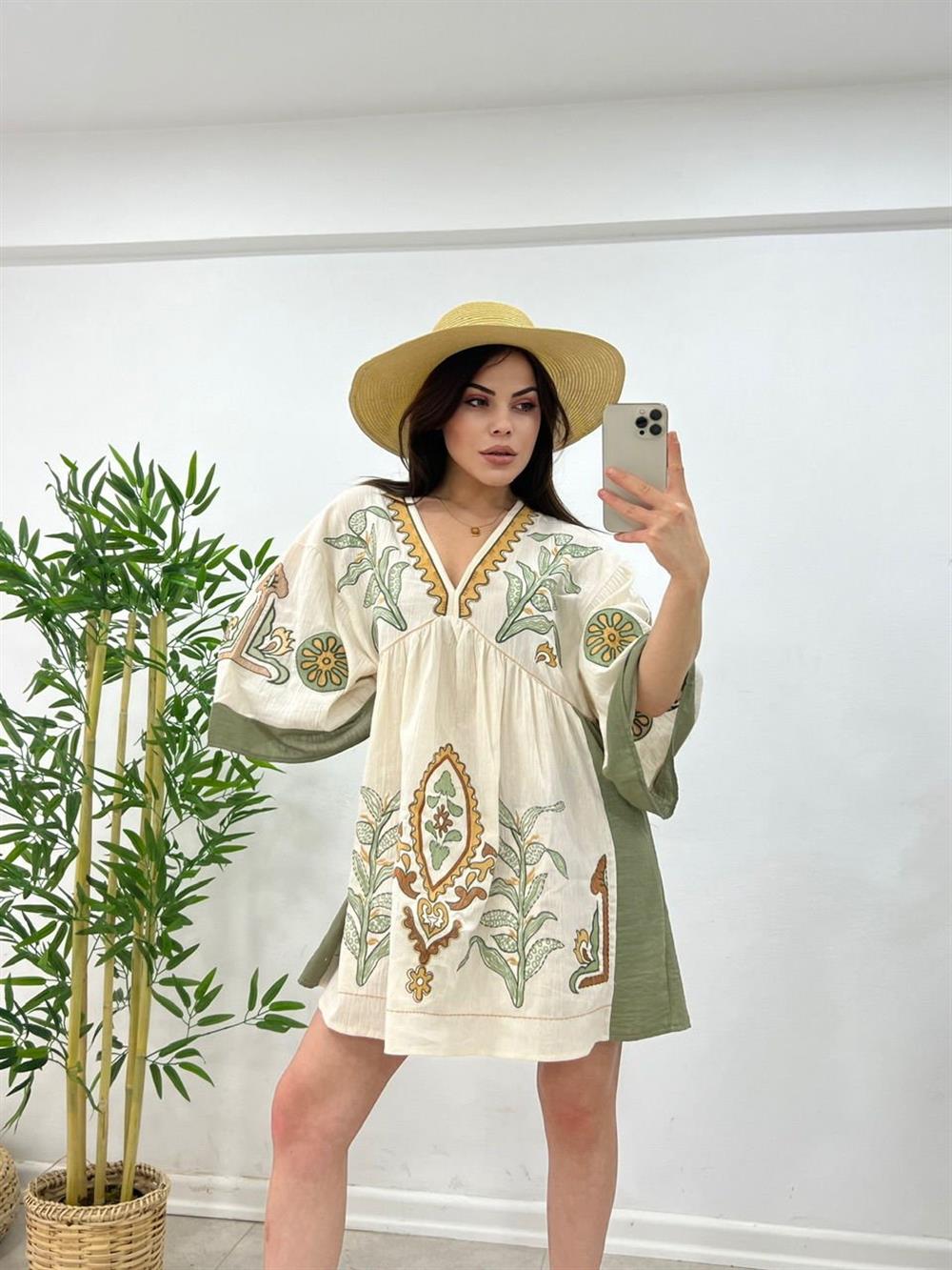 TASARIM İŞLEMELİ KETEN ELBİSE