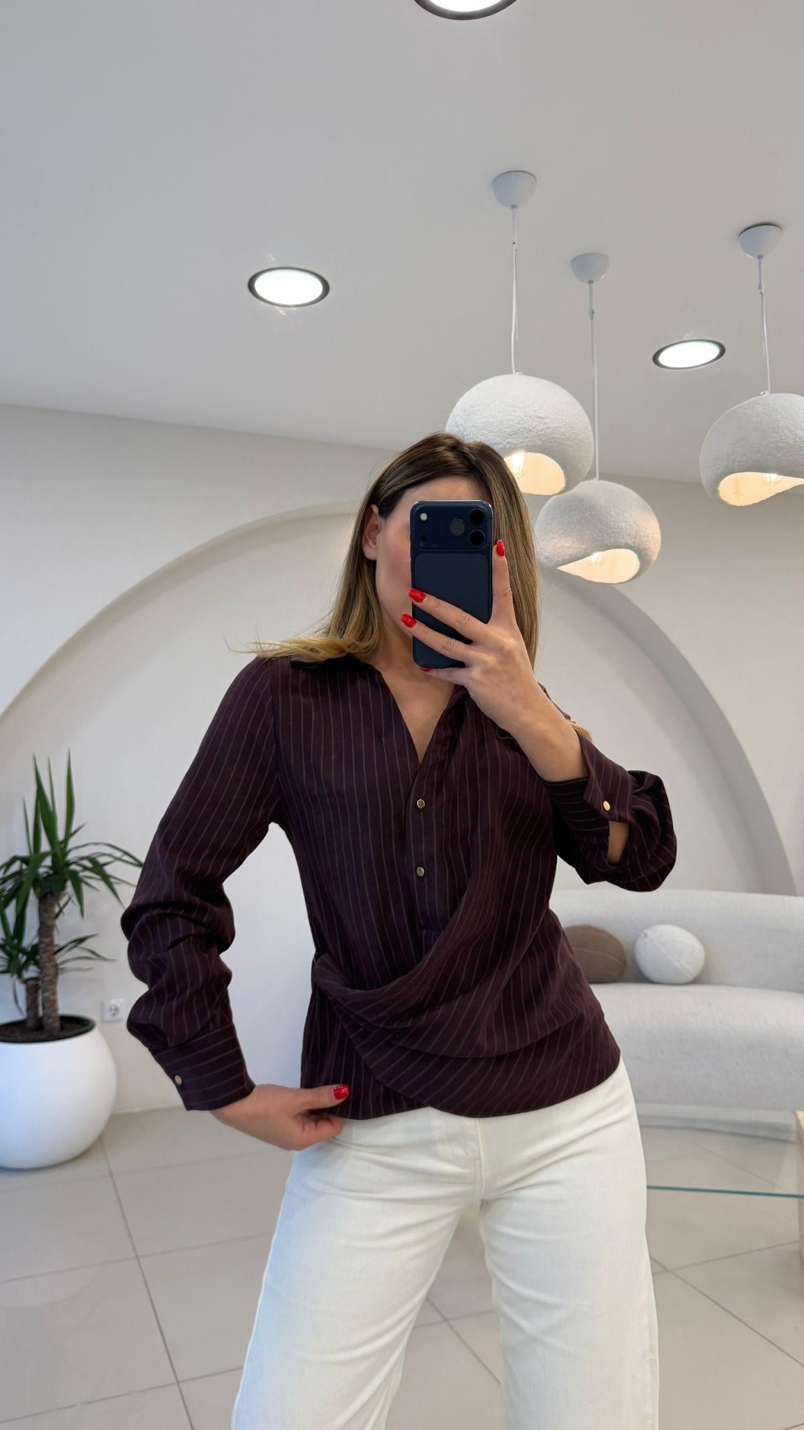 TASARIM KRUVAZE ÇİZGİLİ GÖMLEK BORDO