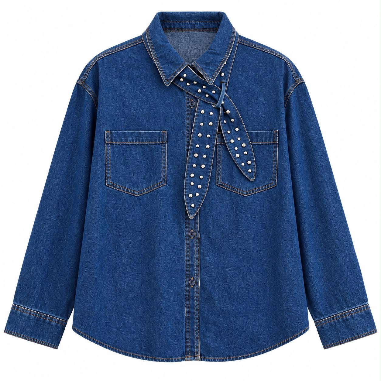 Tasarım Taş Detaylı Fularlı Denim Gömlek