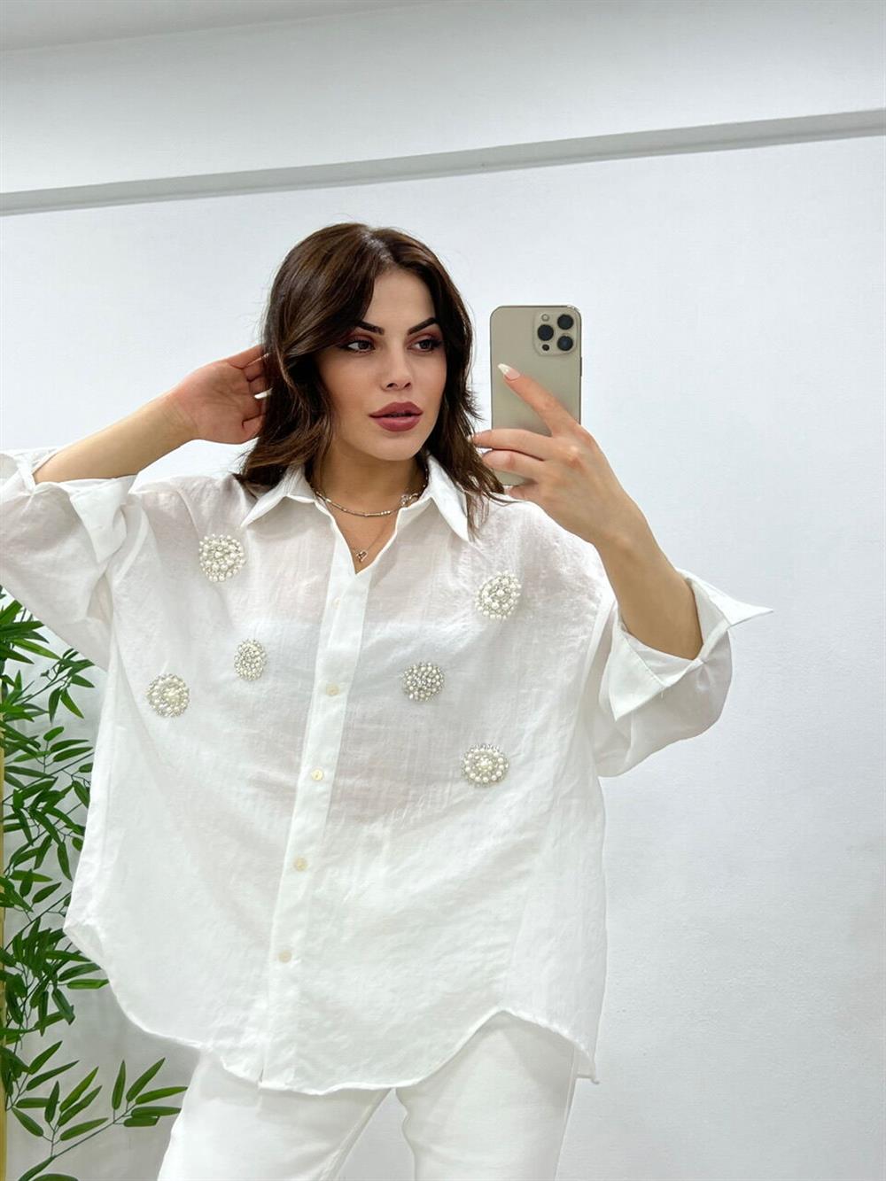 TAŞLI KETEN GÖMLE BEYAZ