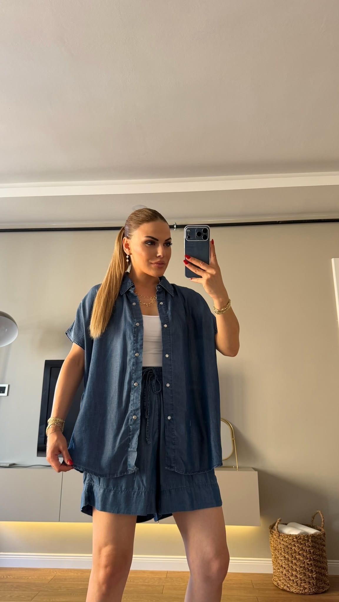 Tensel Gömlek Şort Takım Jean Mavi