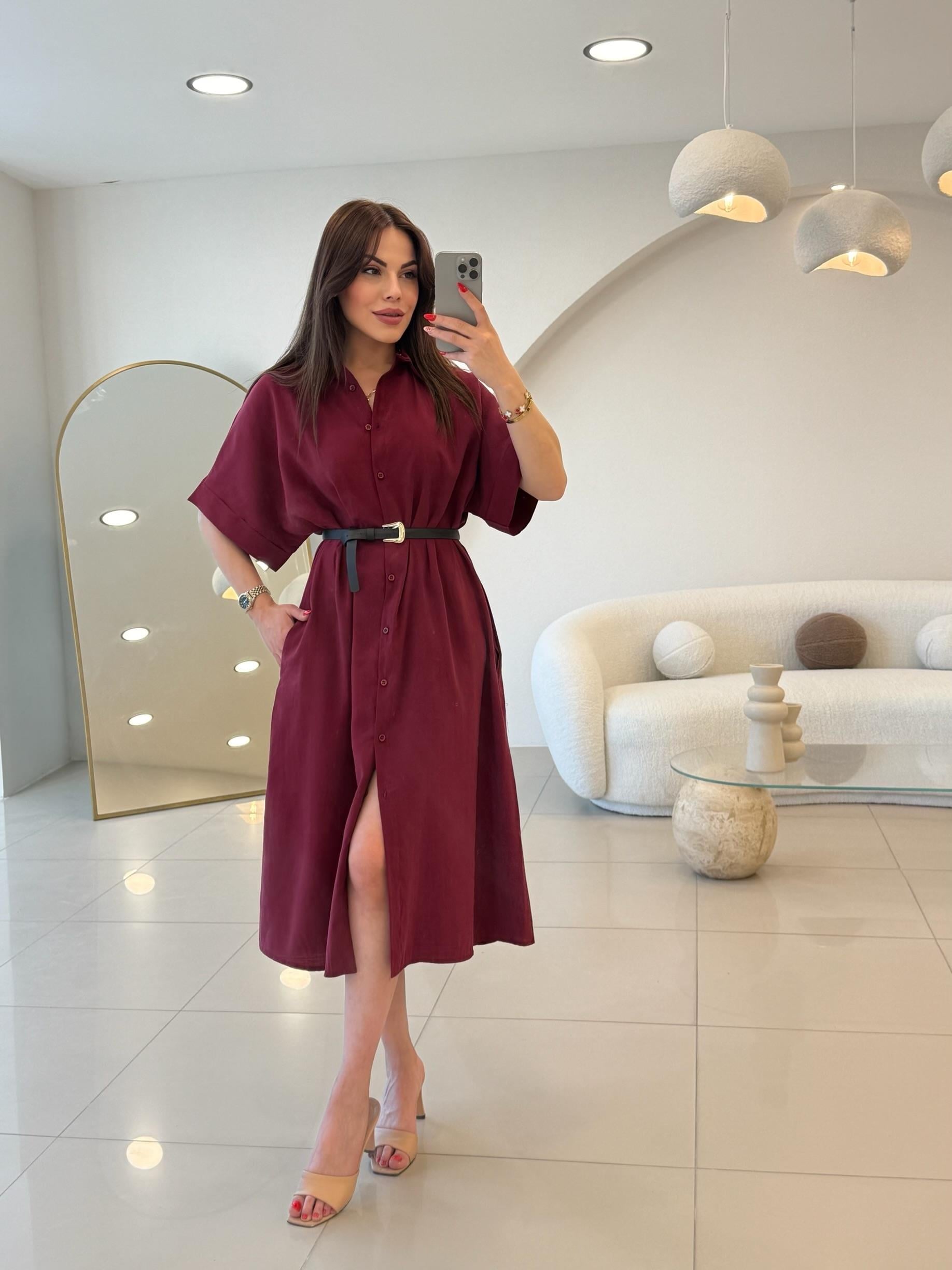 TENSEL KUMAŞ GÖMLEK ELBİSE BORDO