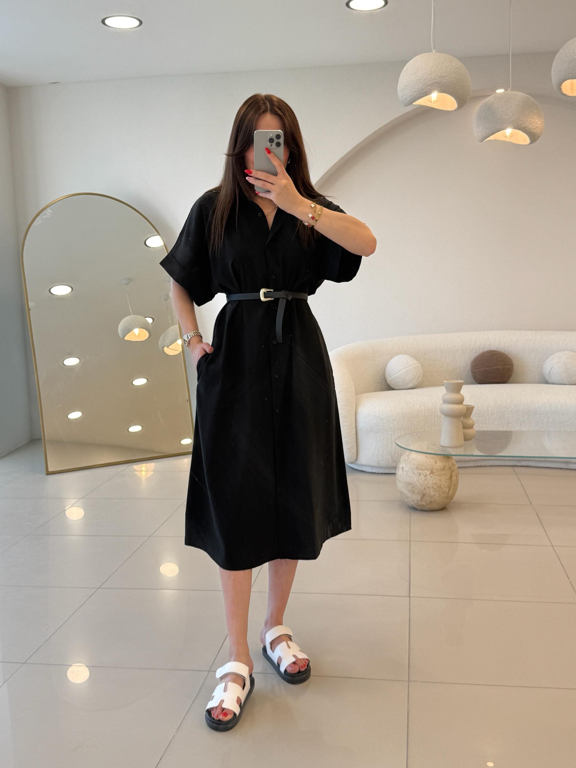 TENSEL KUMAŞ GÖMLEK ELBİSE SİYAH