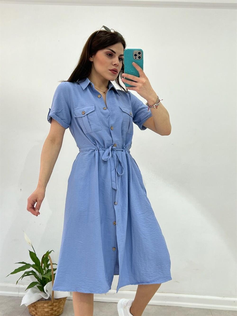 TENSEL KUMAŞ MAVİ GÖMLEK ELBİSE