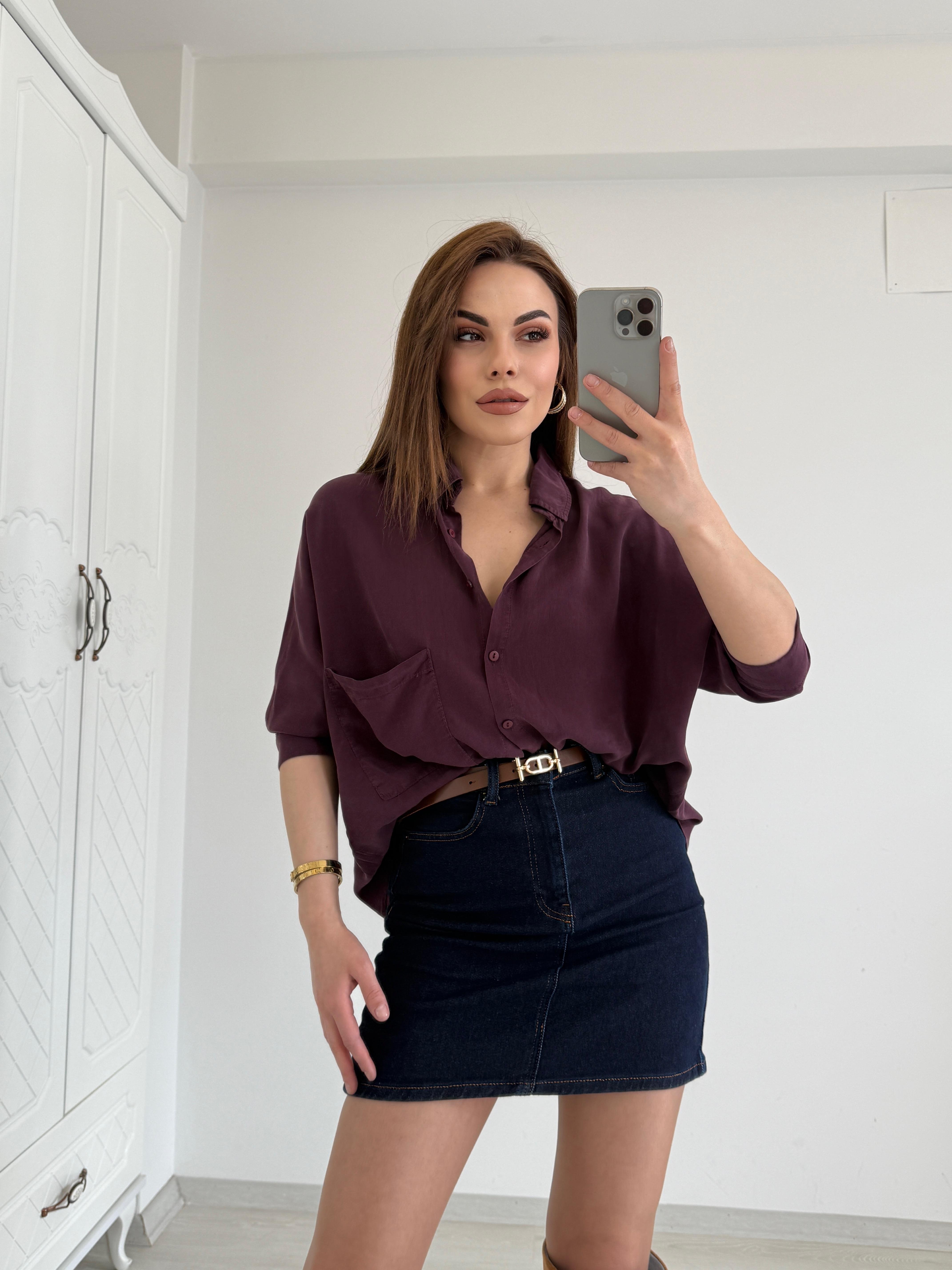 TENSEL KUMAŞ YARIM KOL GÖMLEK BORDO