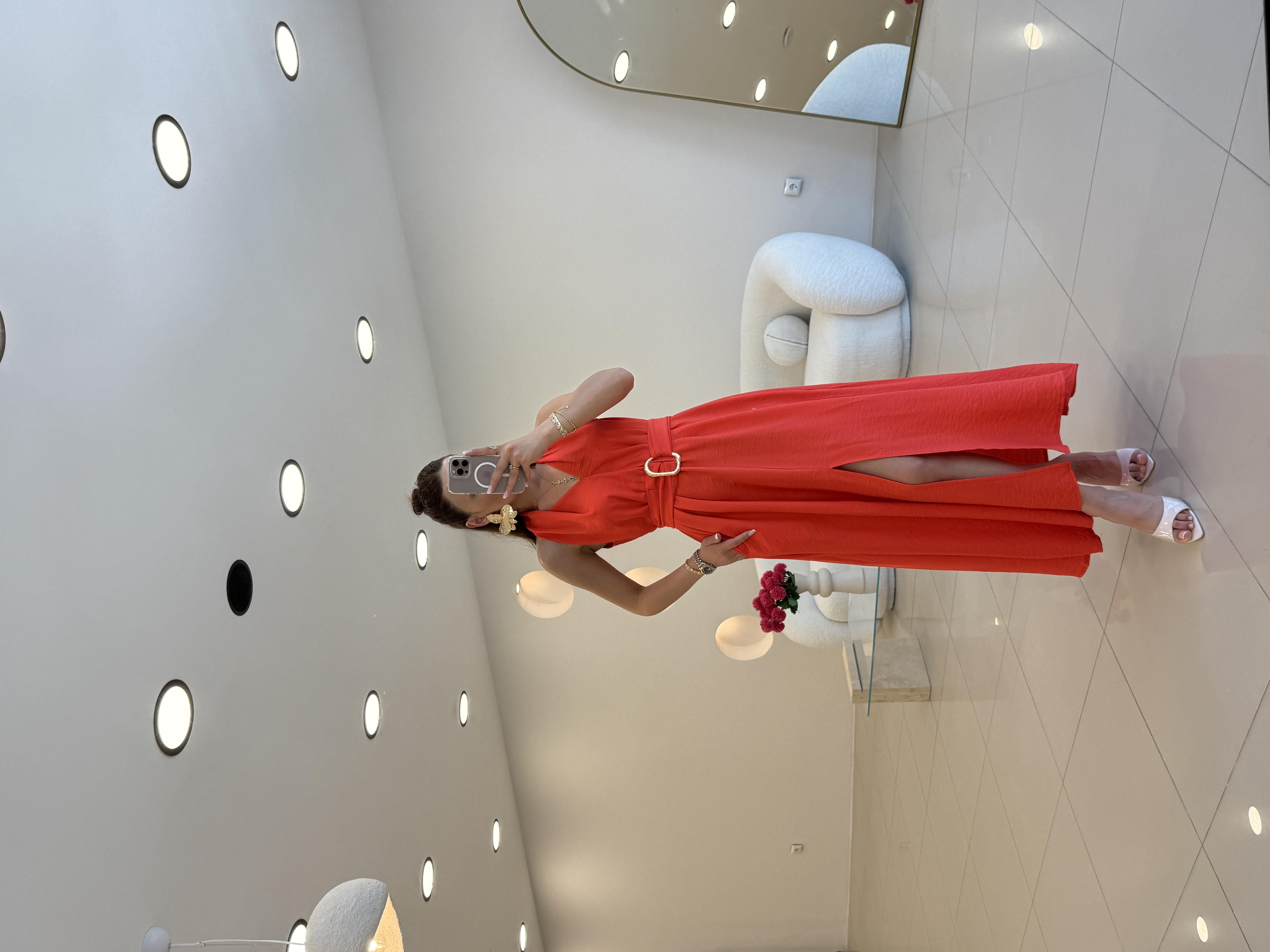 TOKA DETAYLI ELBİSE TURUNCU