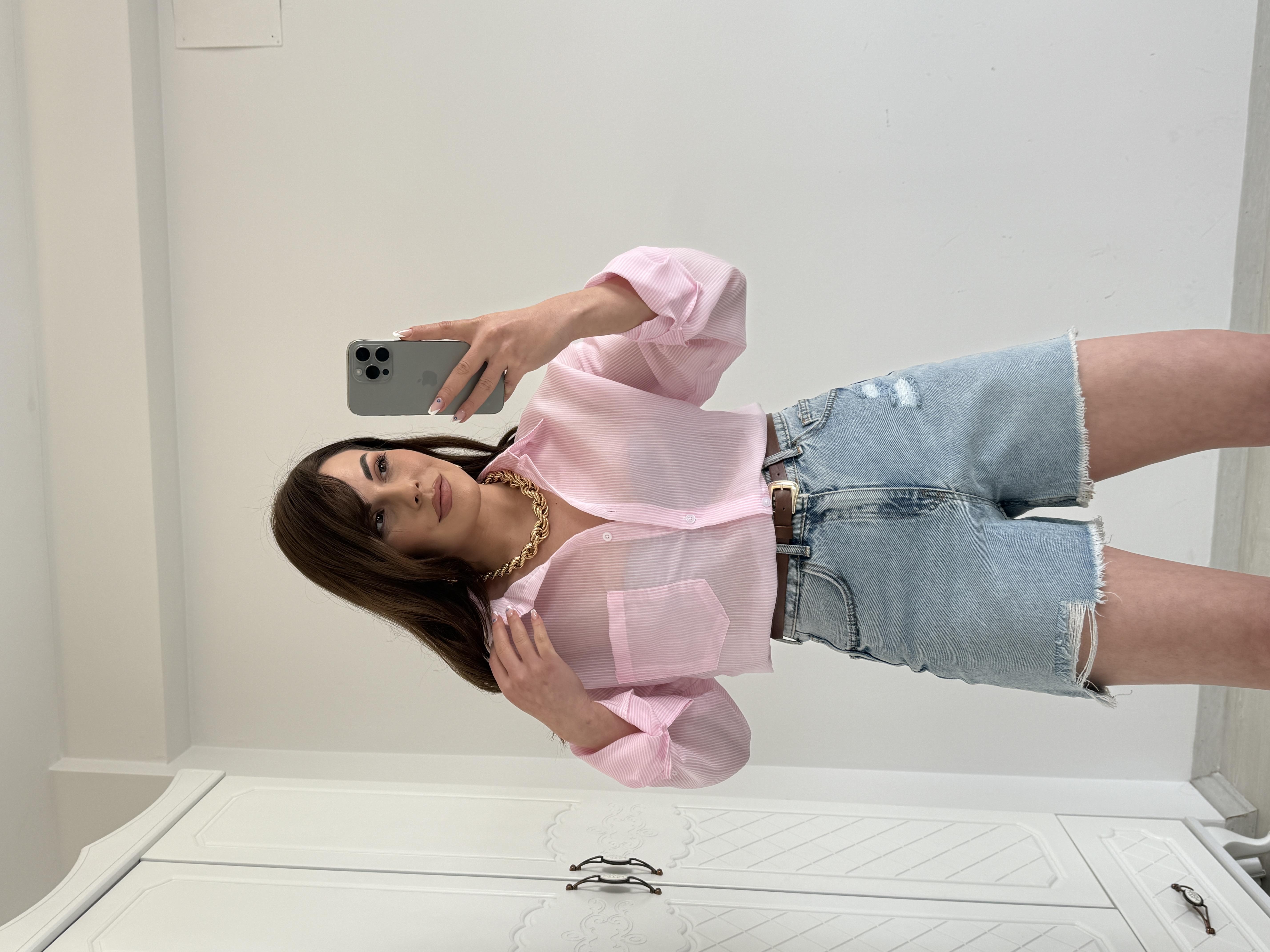 TRANSPARAN ÇİZGİLİ GÖMLEK PEMBE