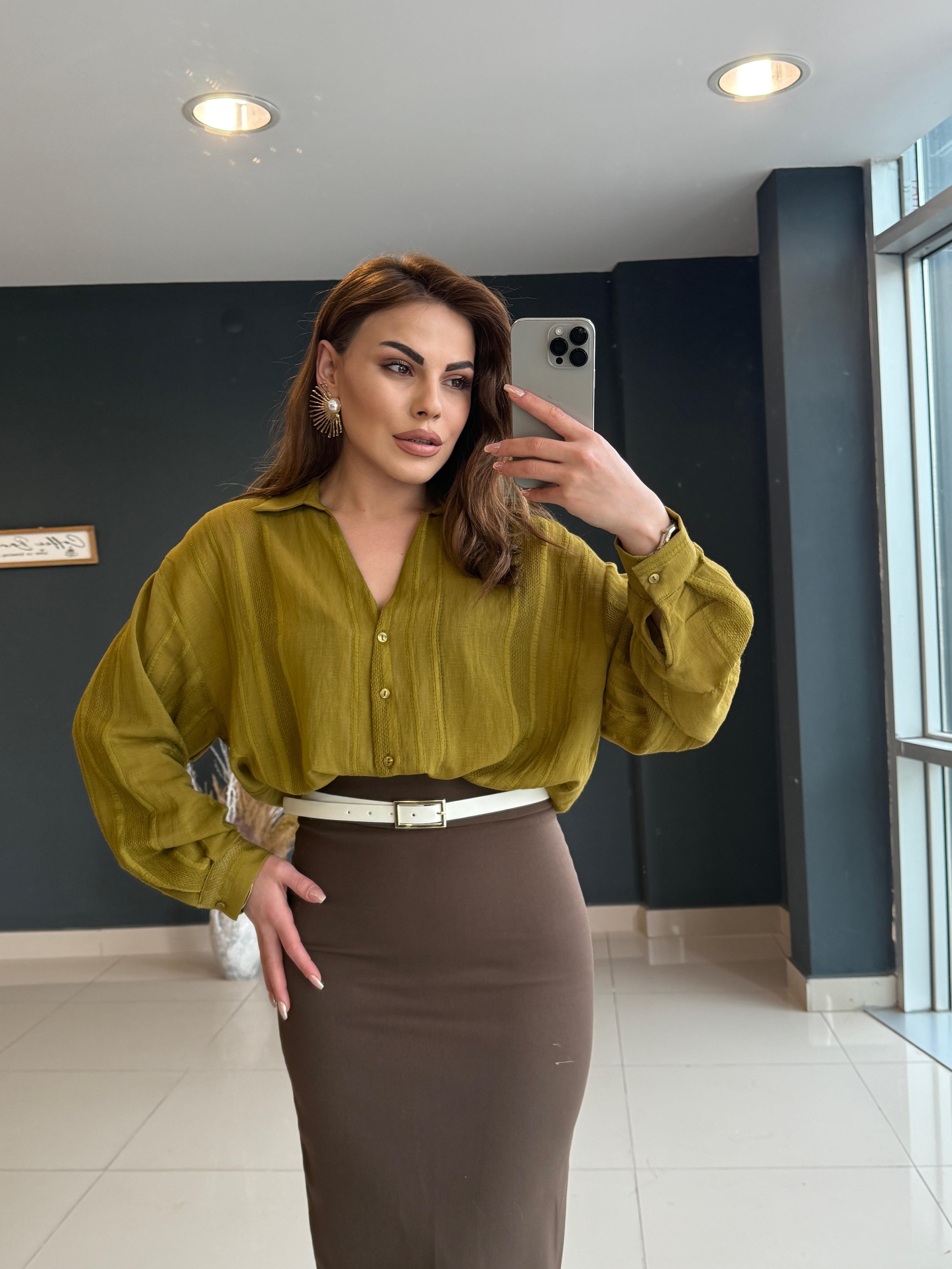 TRANSPARAN V YAKA  OLİV YEŞİL  GÖMLEK