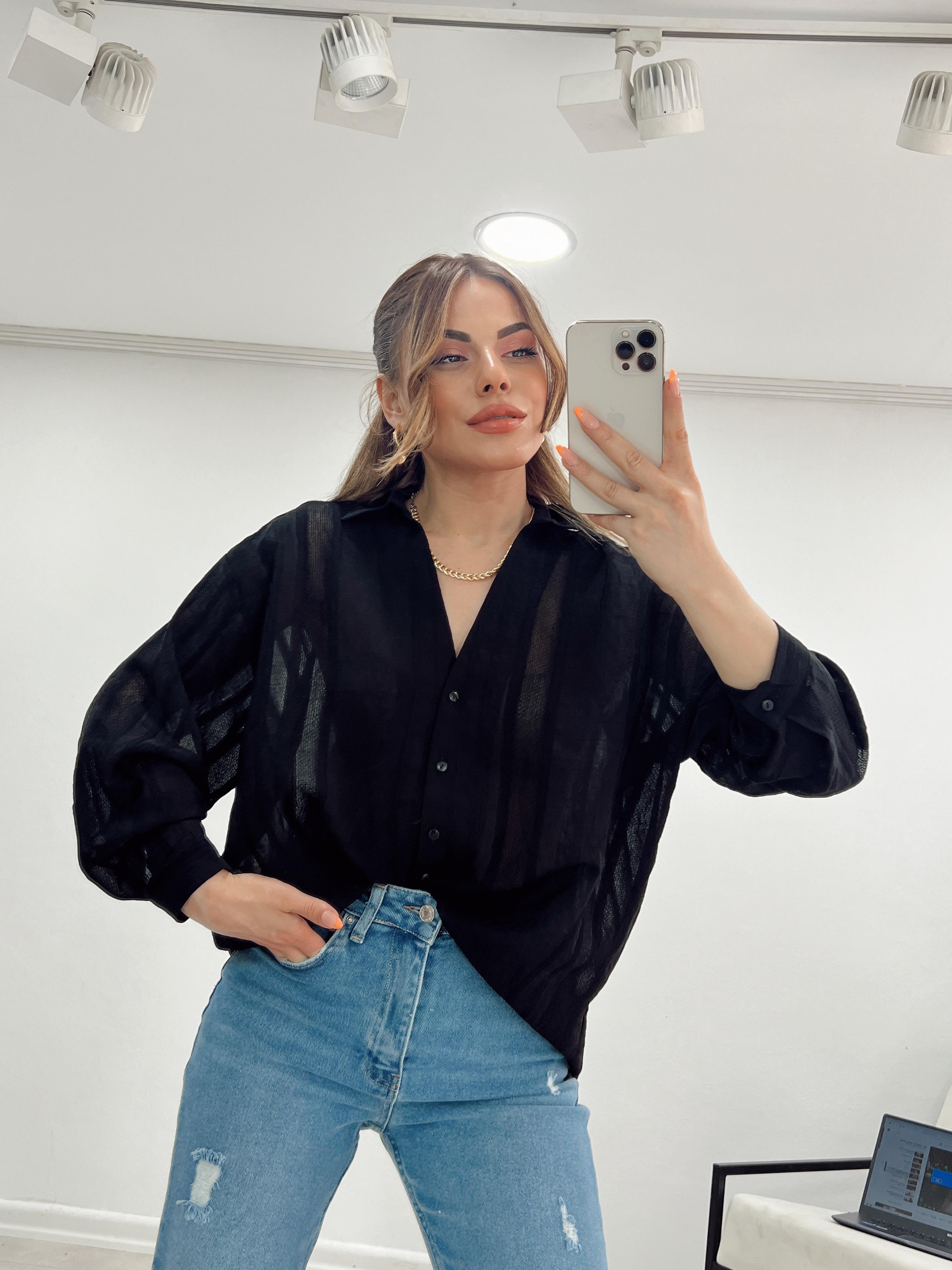 TRANSPARAN V YAKA SİYAH GÖMLEK