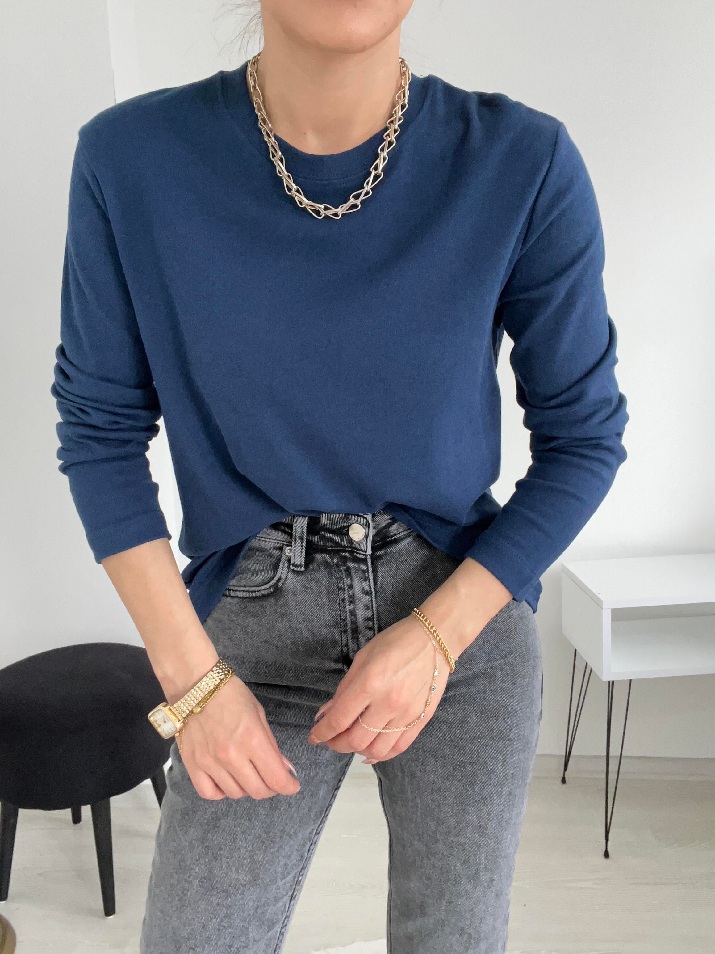 UZUN KOLLU PAMUK BASİC BLUZ LACİVERT