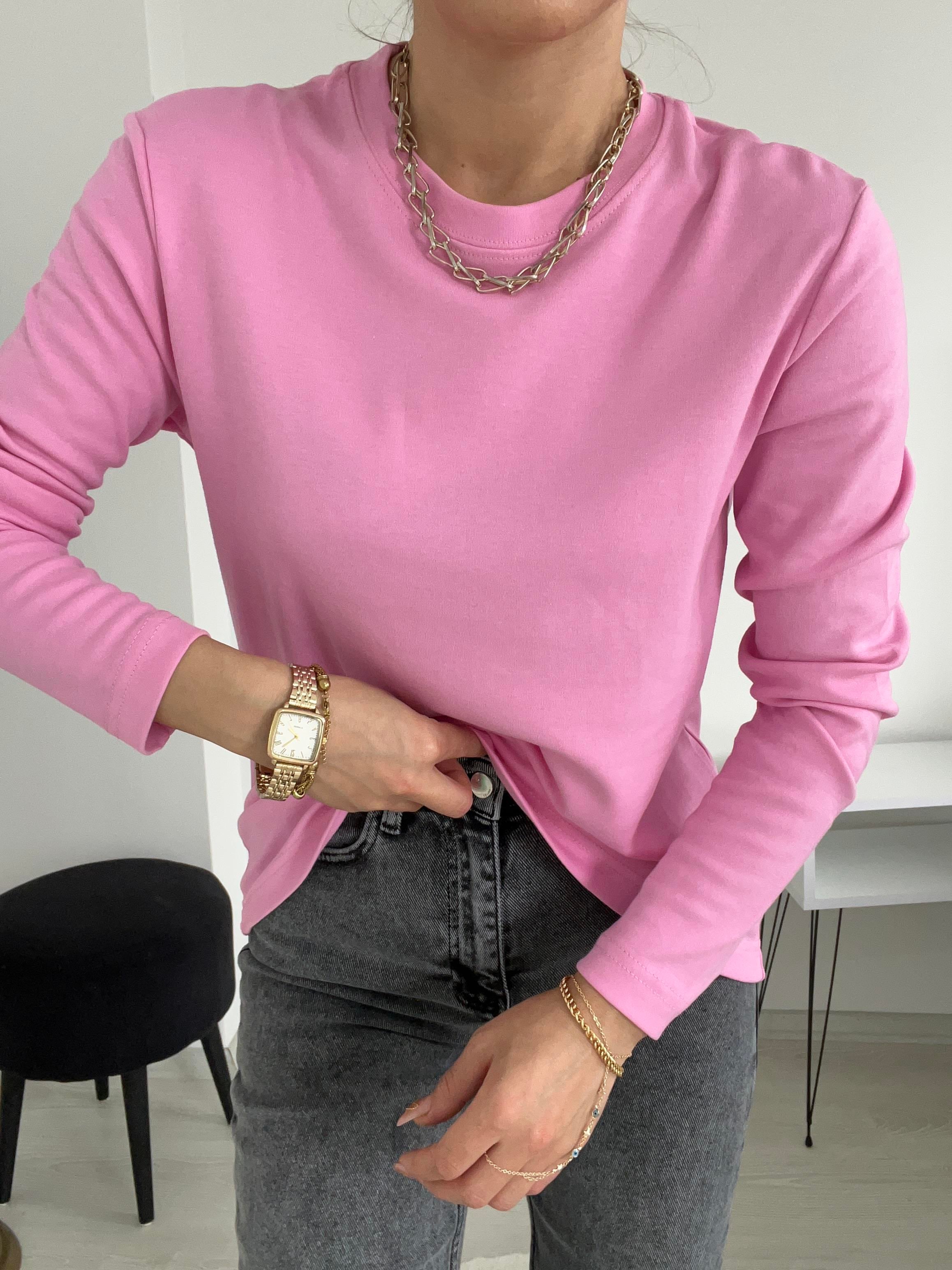 UZUN KOLLU PAMUK BASİC BLUZ PEMBE