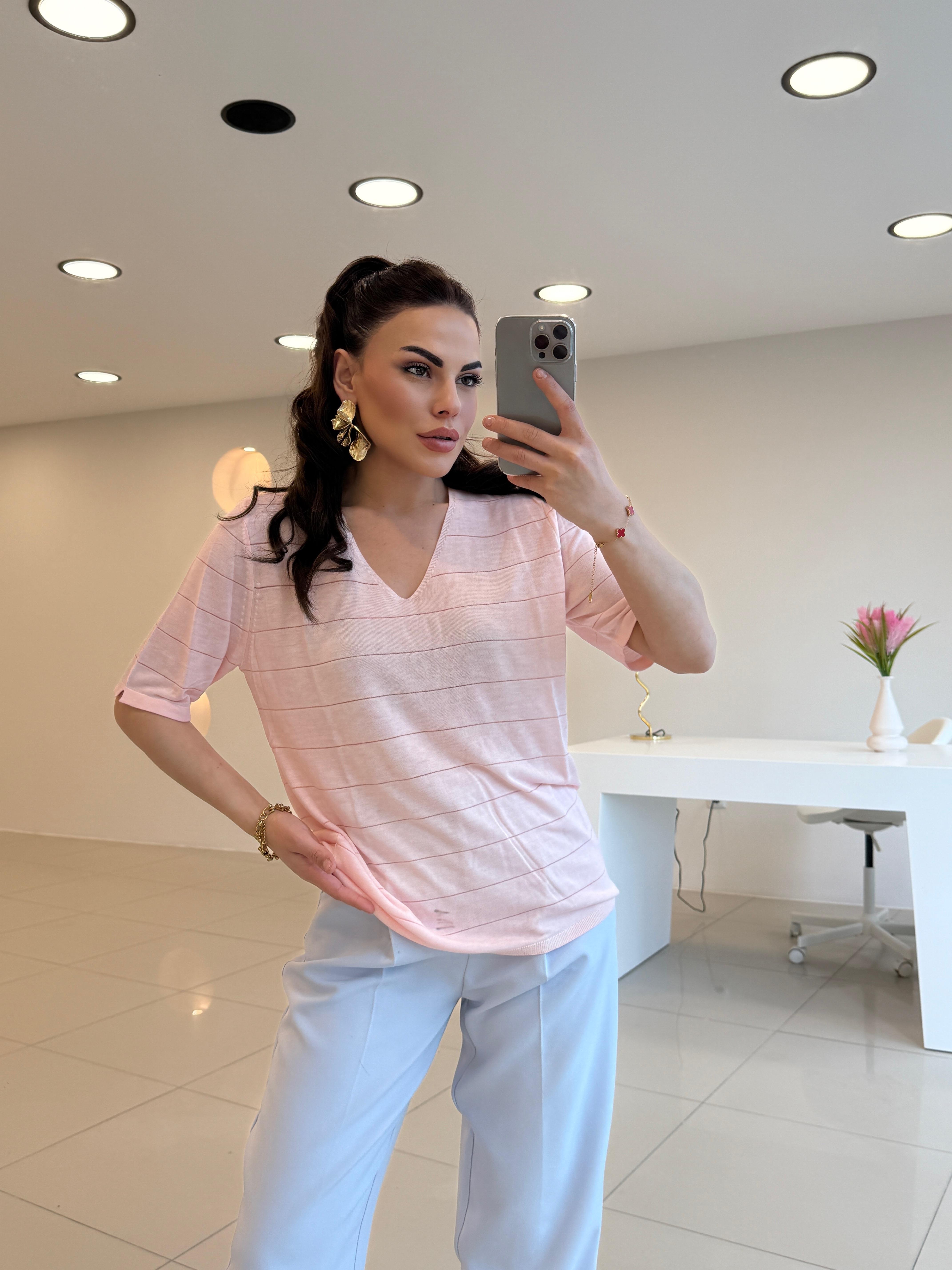 V YAKA PAMUK MERSERİZE BLUZ PEMBE
