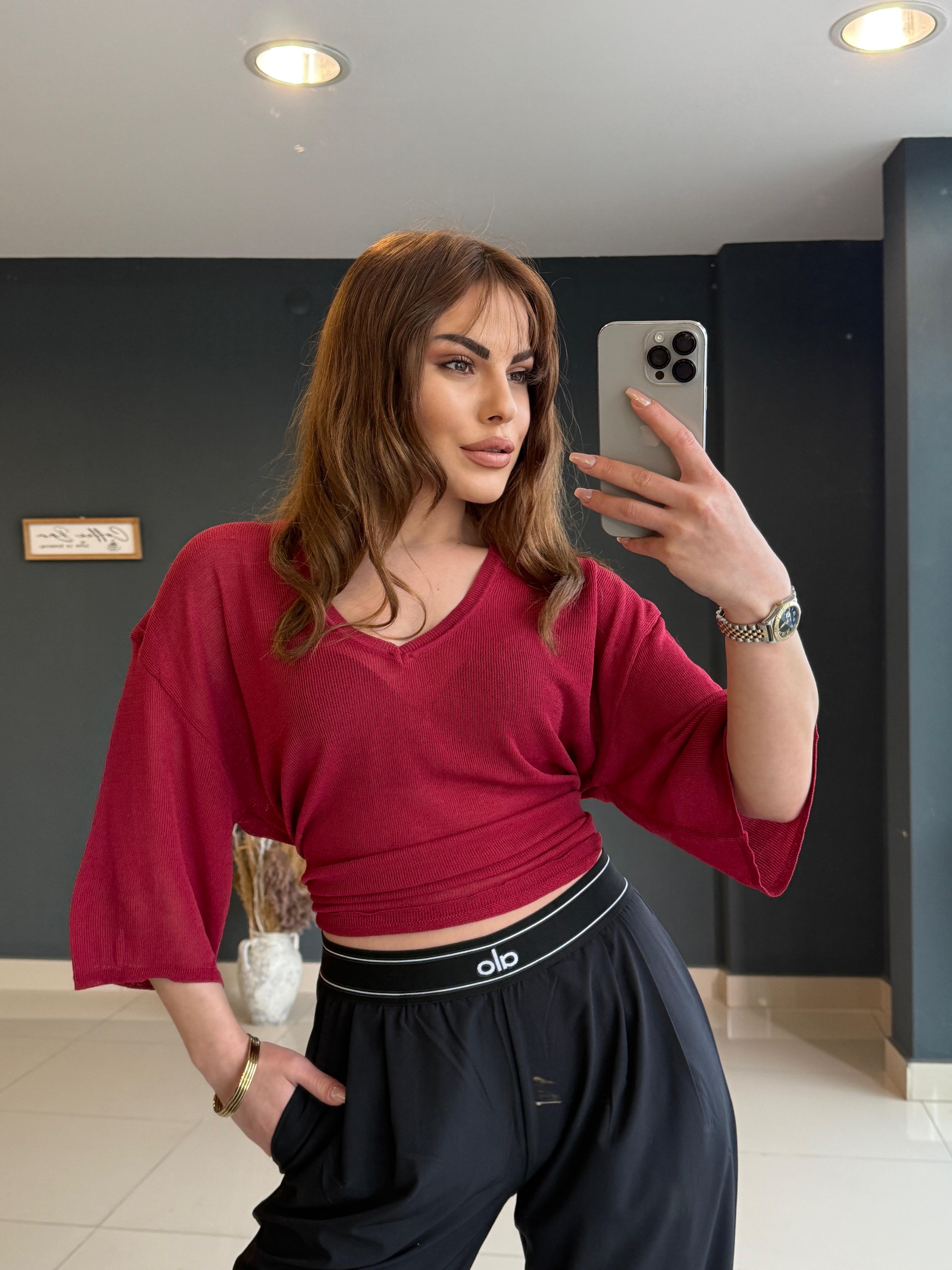 V YAKA TÜL MERSERİZE BORDO 