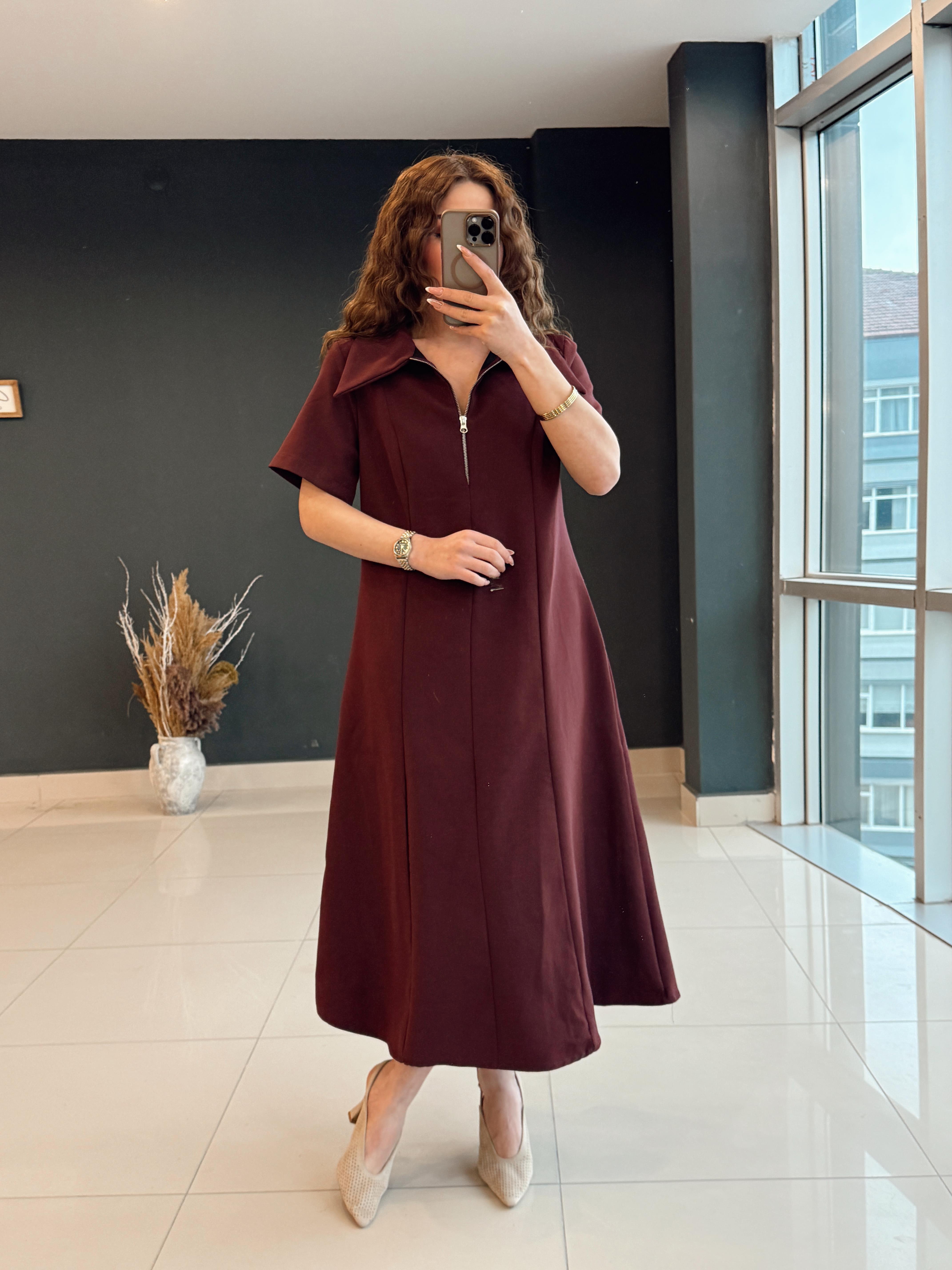 YAKA FERMUARLI ELBİSE BORDO