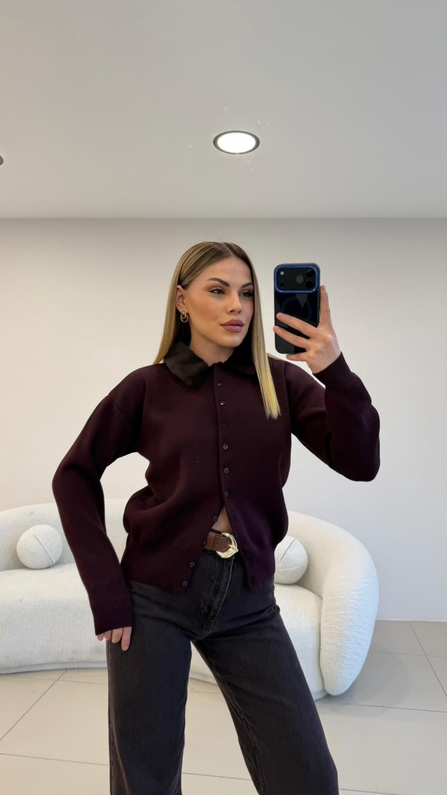 YAKASI KÜRK DETAYLI TRİKO HIRKA BORDO