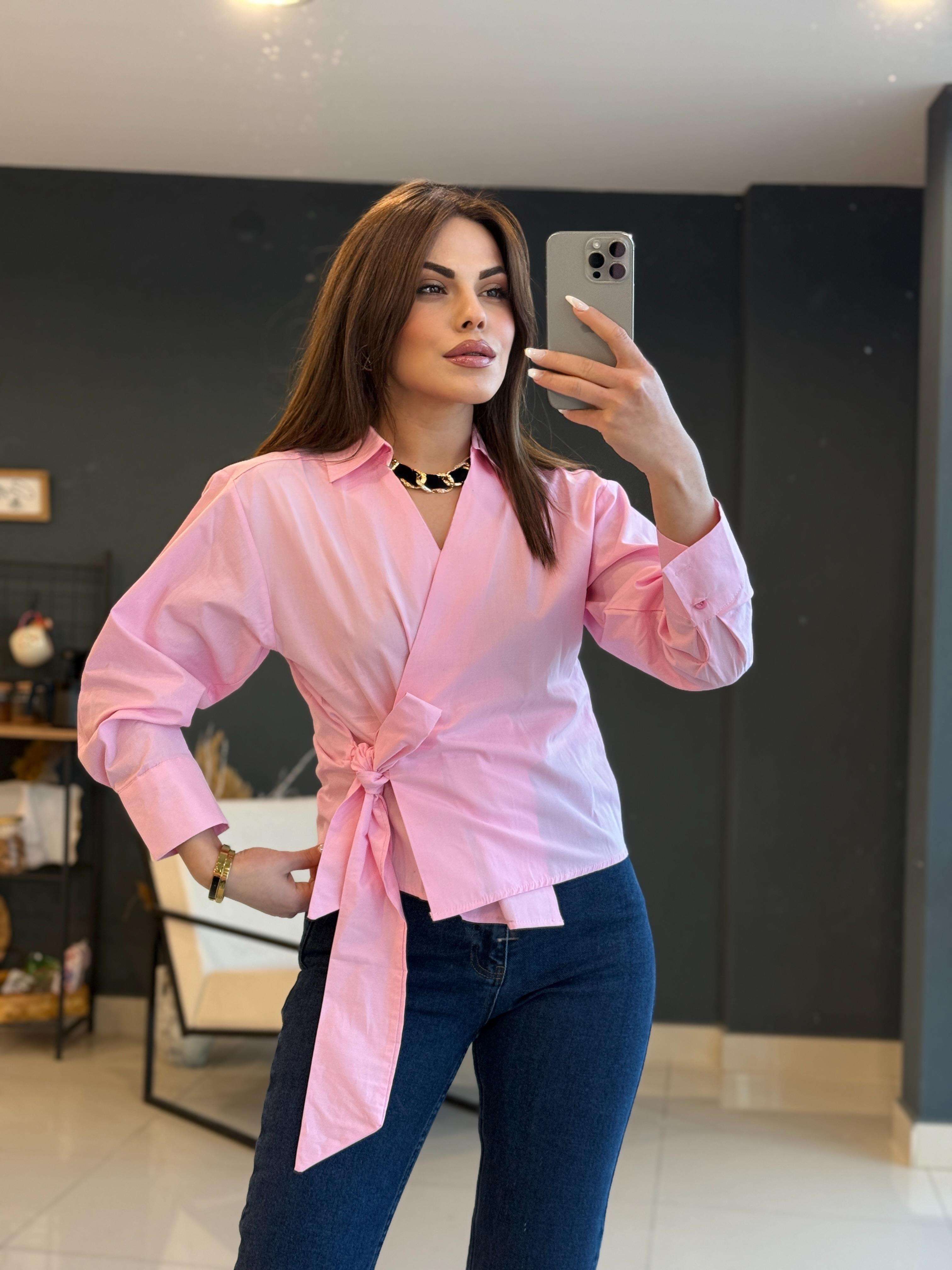 YANDAN BAĞLAMALI TASARIM GÖMLEK PEMBE