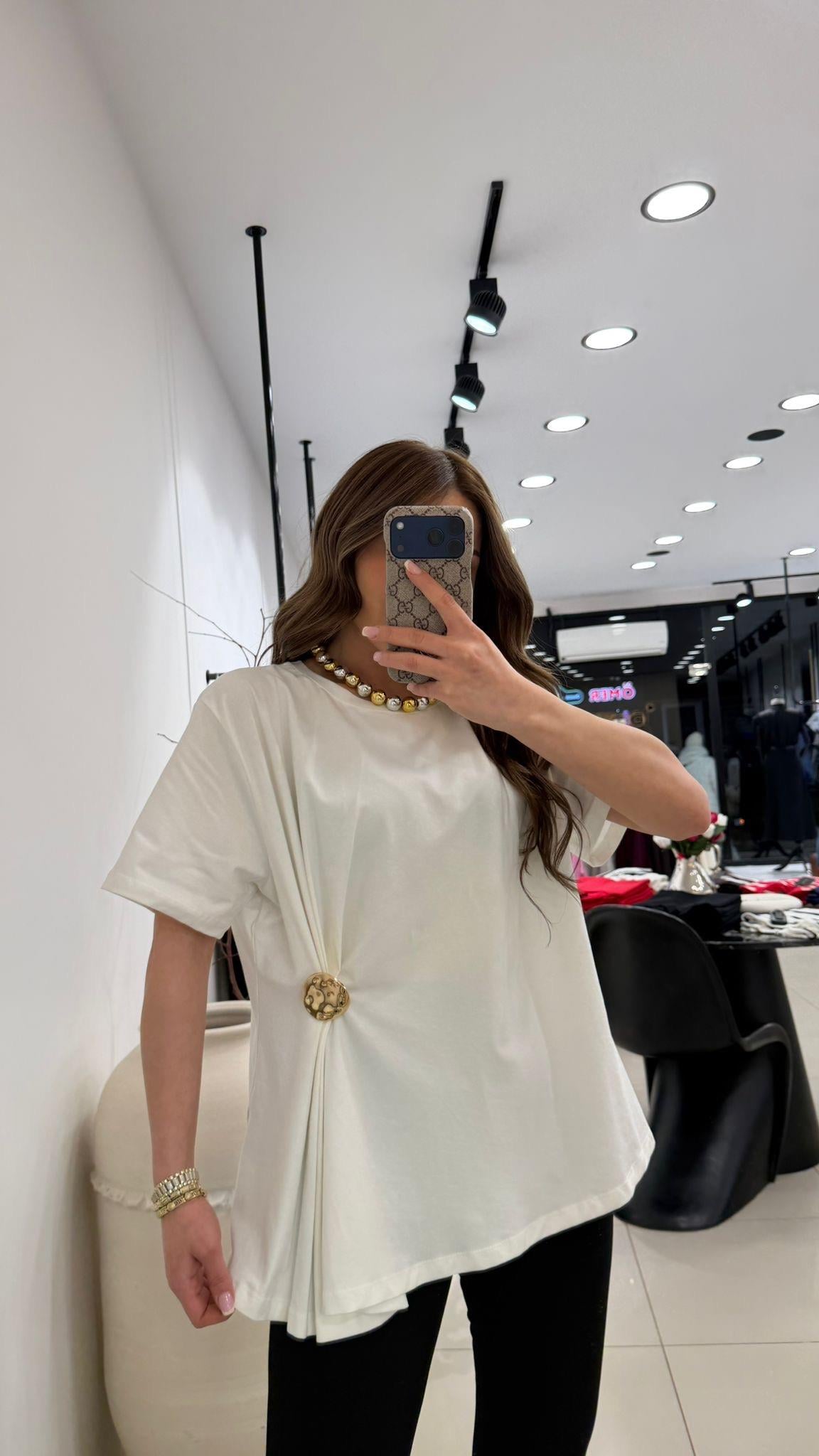 YANI GOLD AKSESUARLI TASARIM TSHIRT EKRU