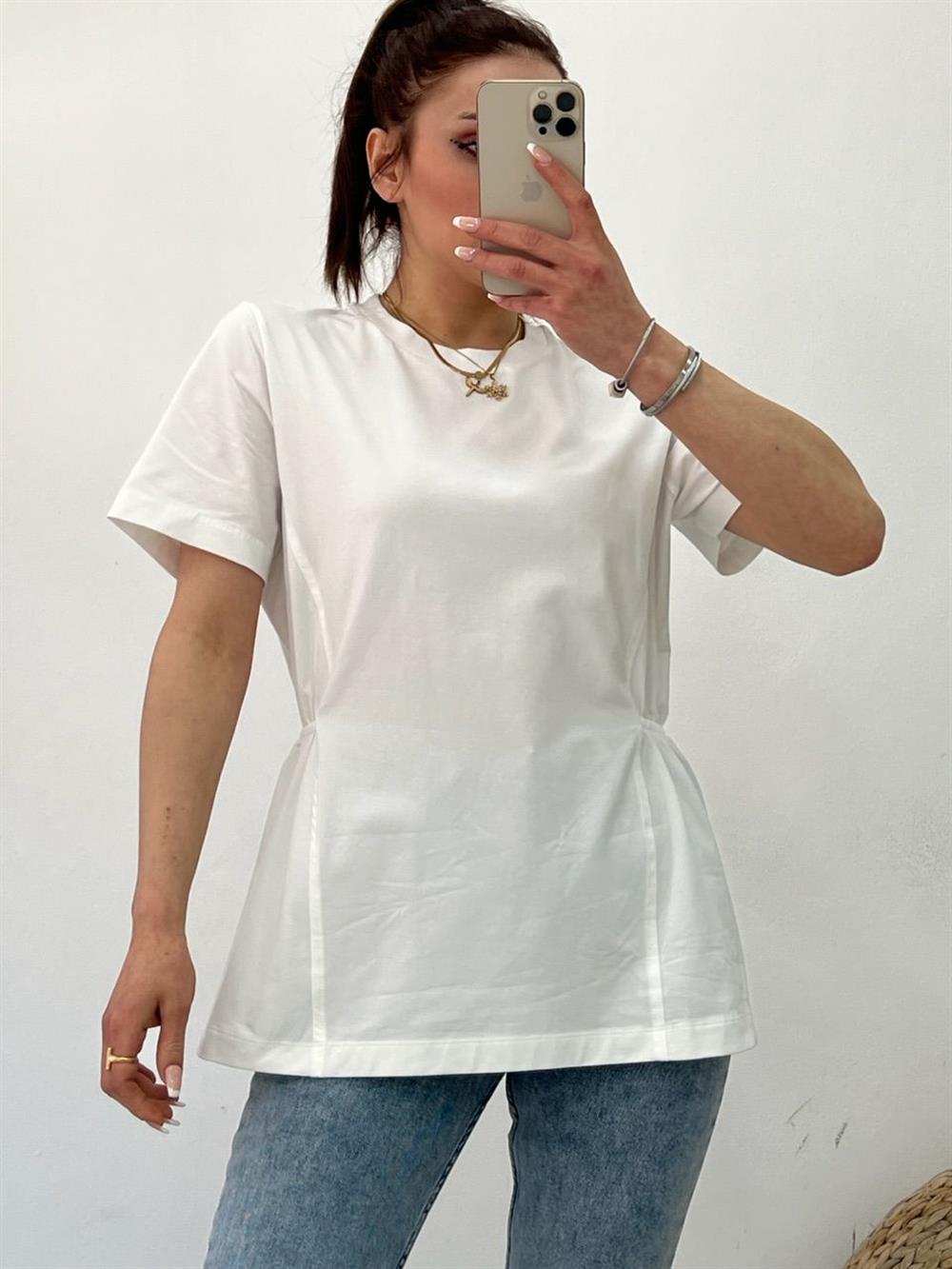 YANLARI LASTİKLİ TSHİRT BEYAZ