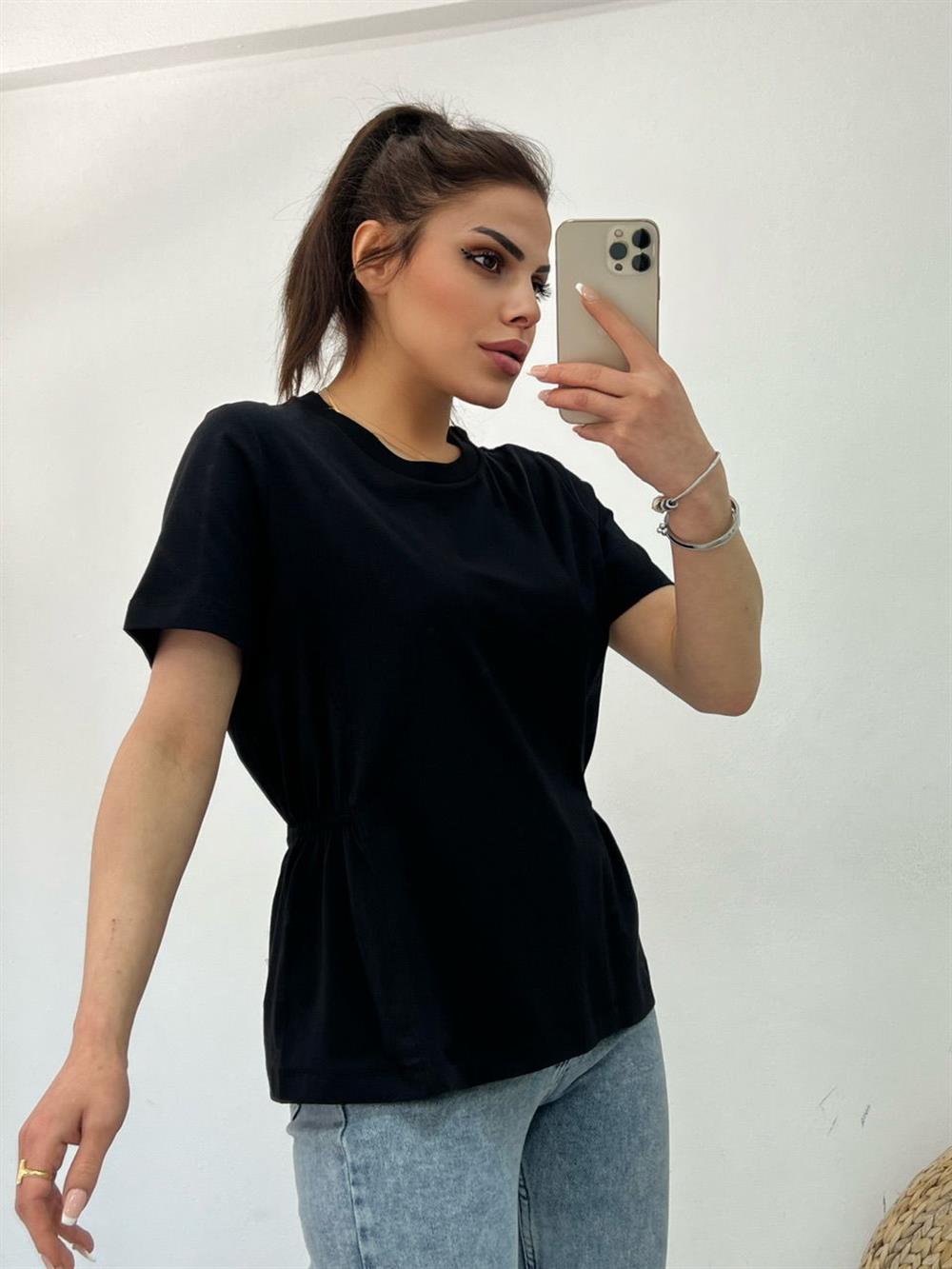 YANLARI LASTİKLİ TSHİRT SİYAH