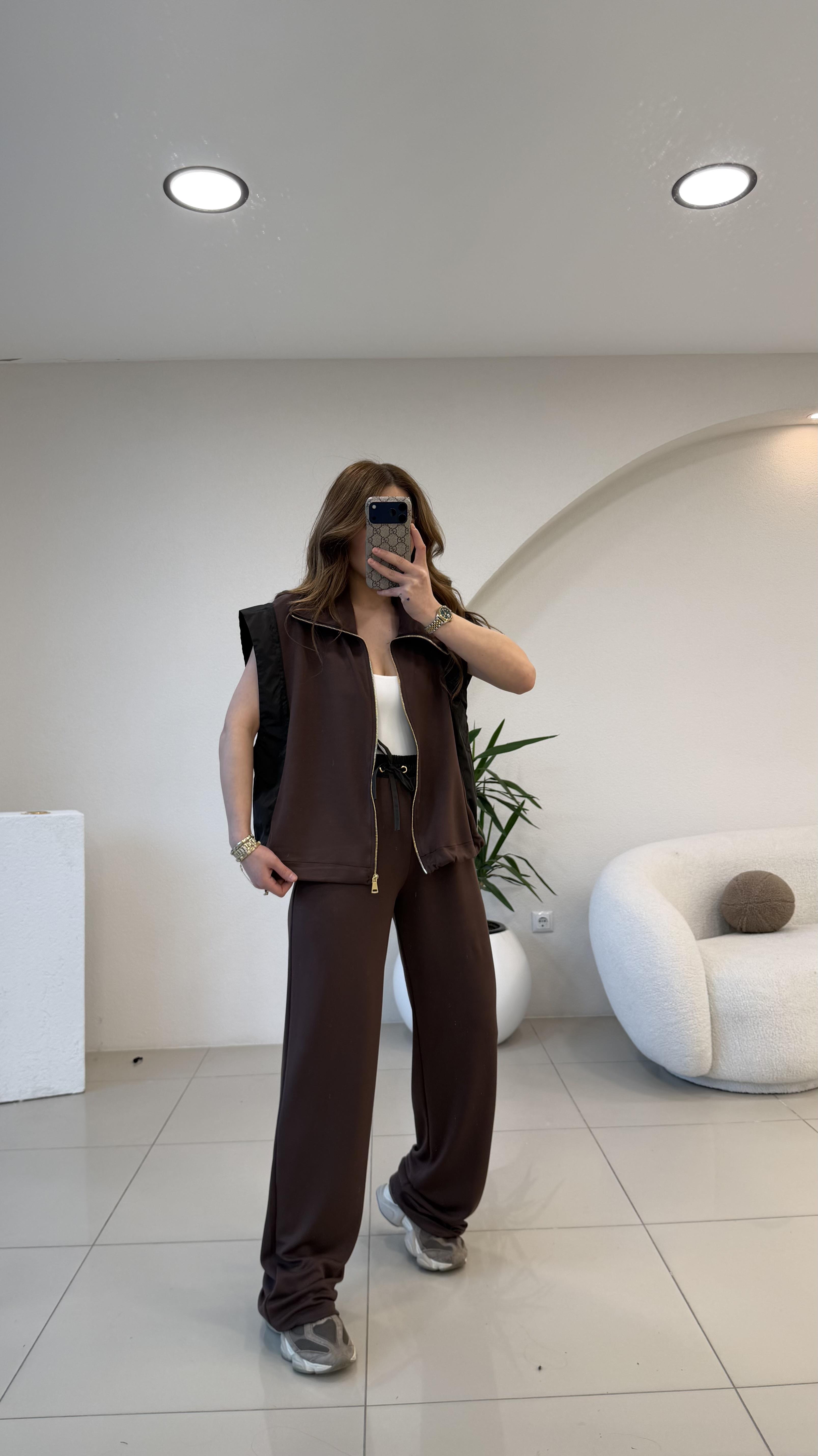 YELEKLİ YANLARI PARAŞÜT TAKIM  KAHVE