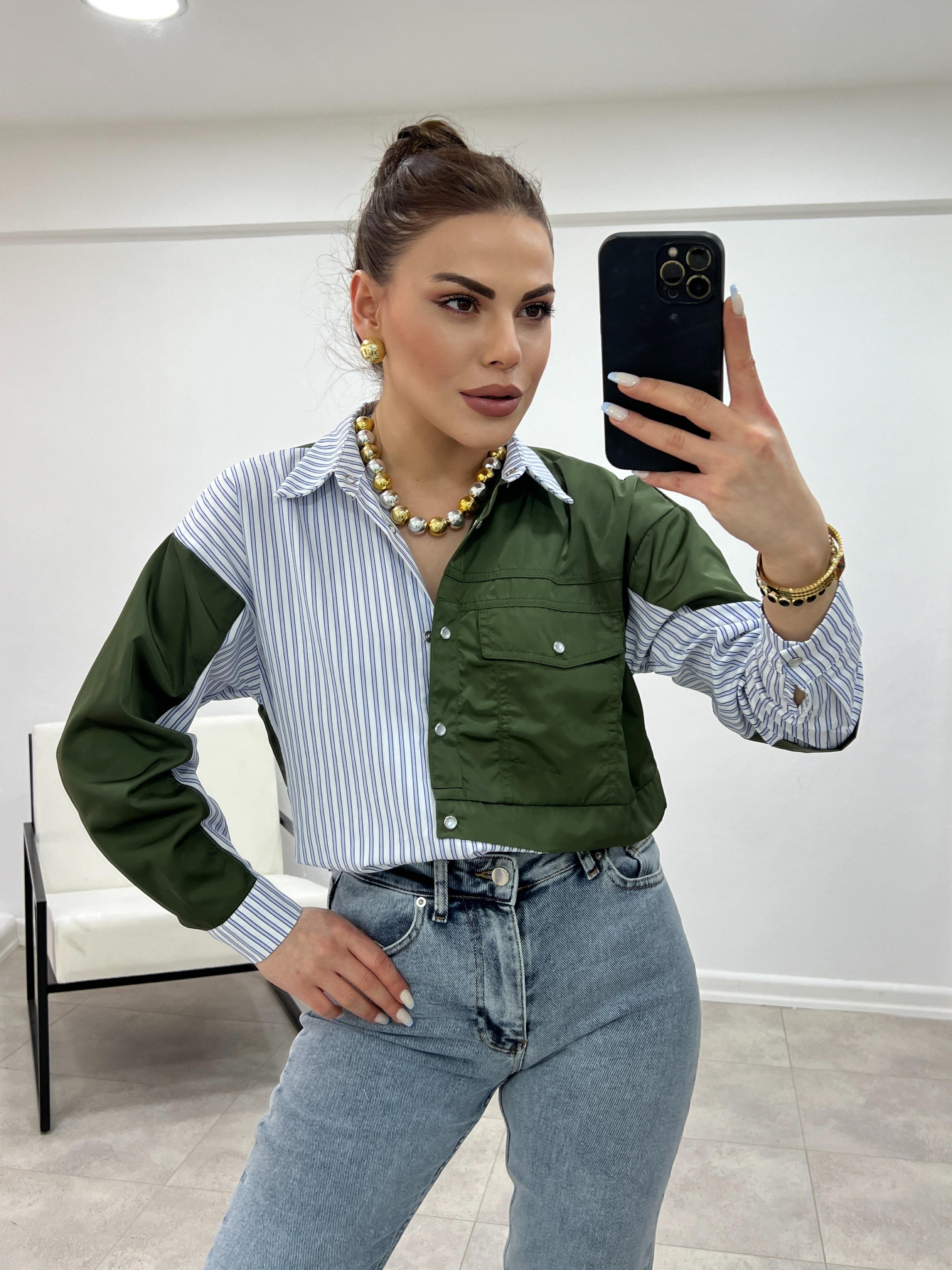 YEŞİL ÇİZGİLİ TWİST MODEL GÖMLEK