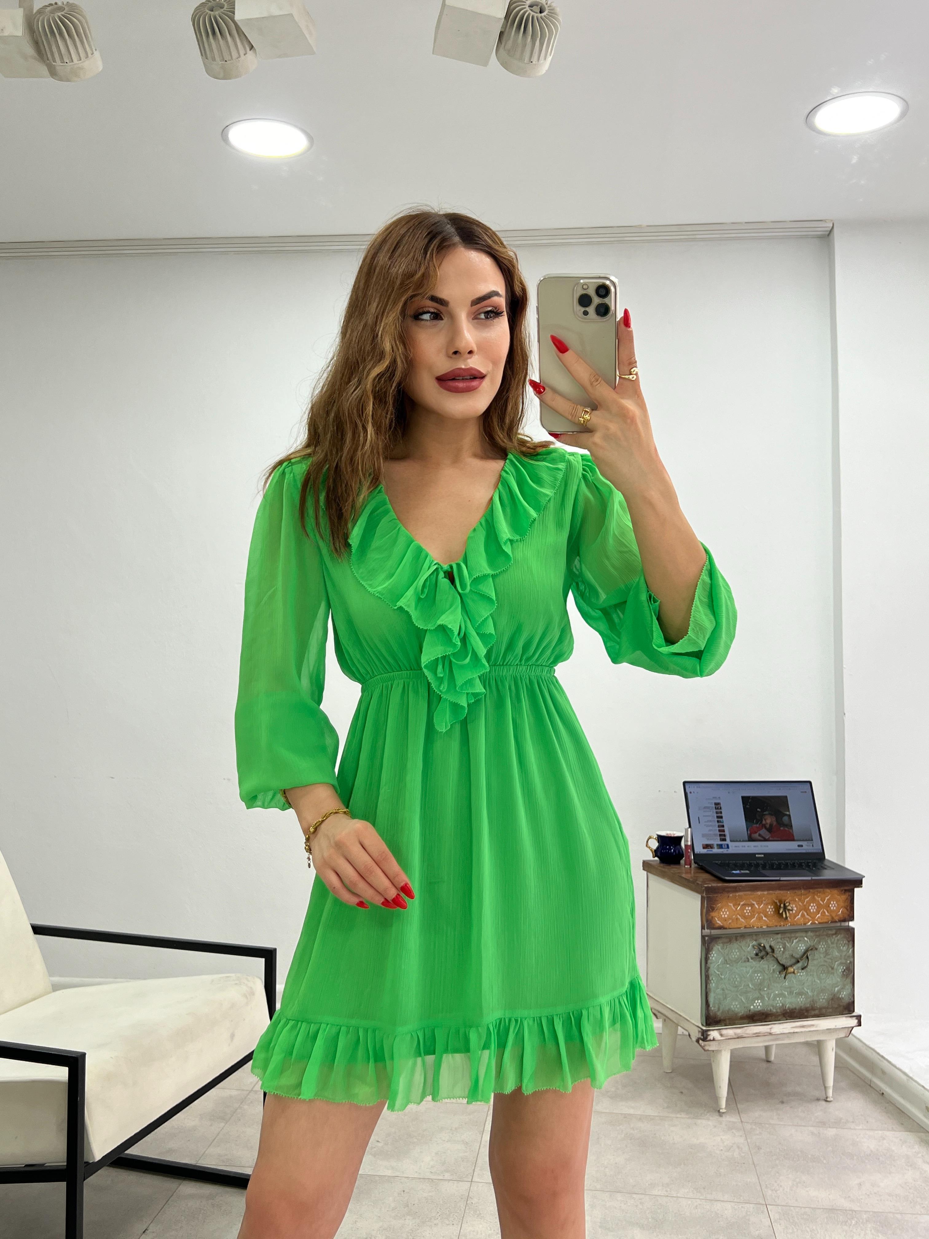 YEŞİL FIRFIRLI ORJİNAL MARKA ELBİSE