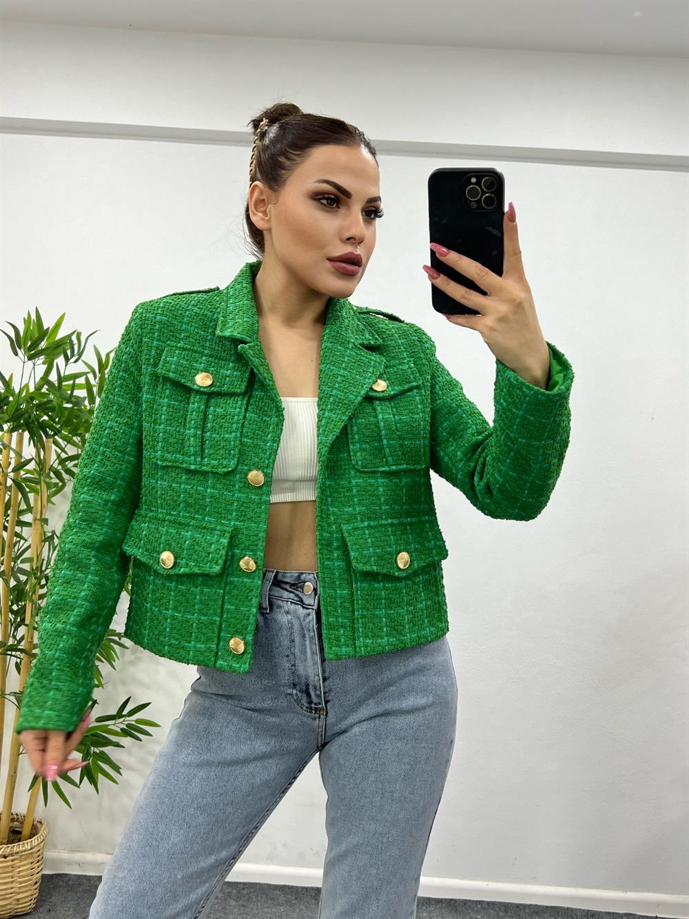 YEŞİL GOLD DÜĞME DETAYLI  BLAZER CEKET