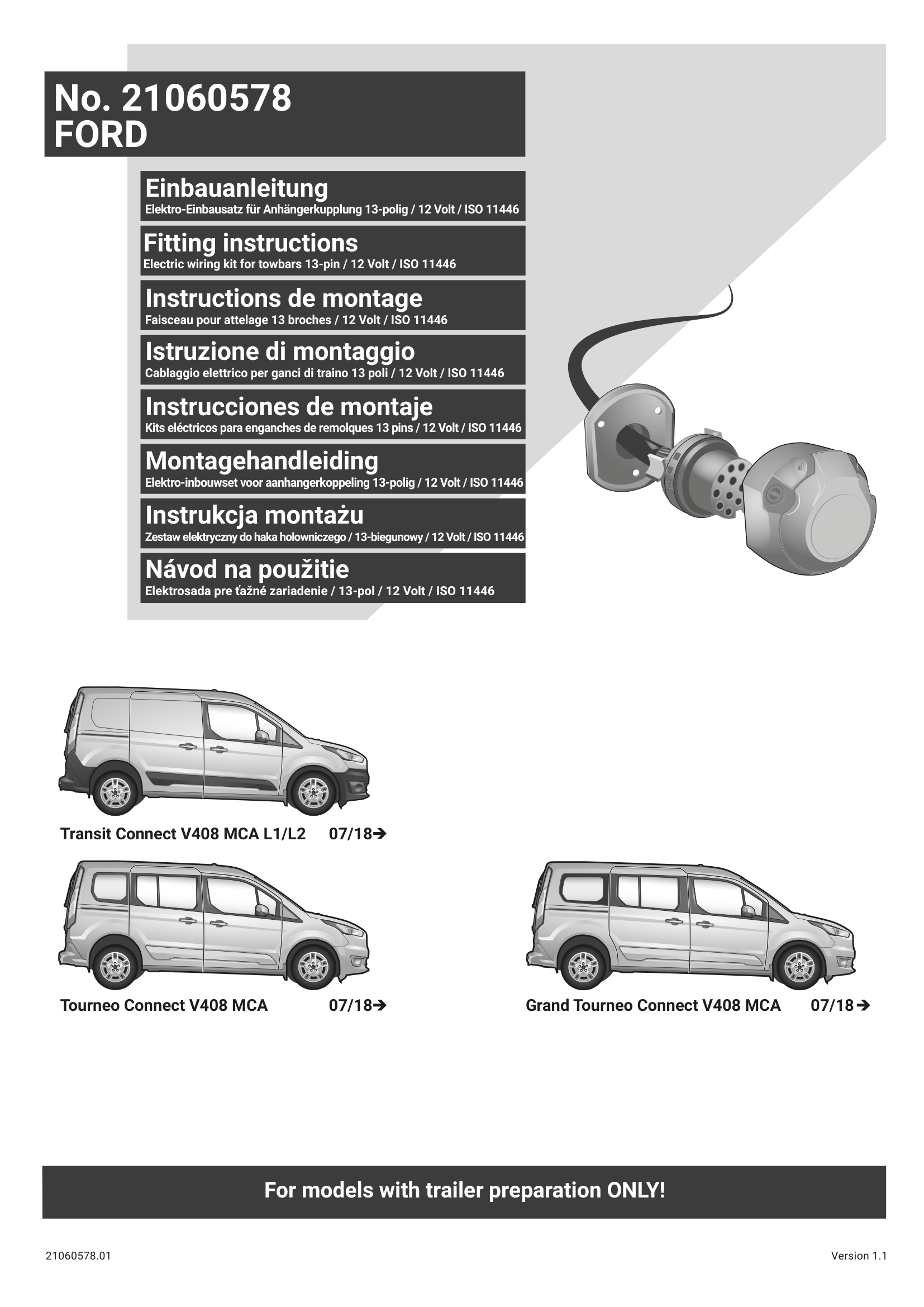 Ford Transit Connect II V408 13 Pin Çeki Demiri Elektrik Tesisatı (2018–2022)