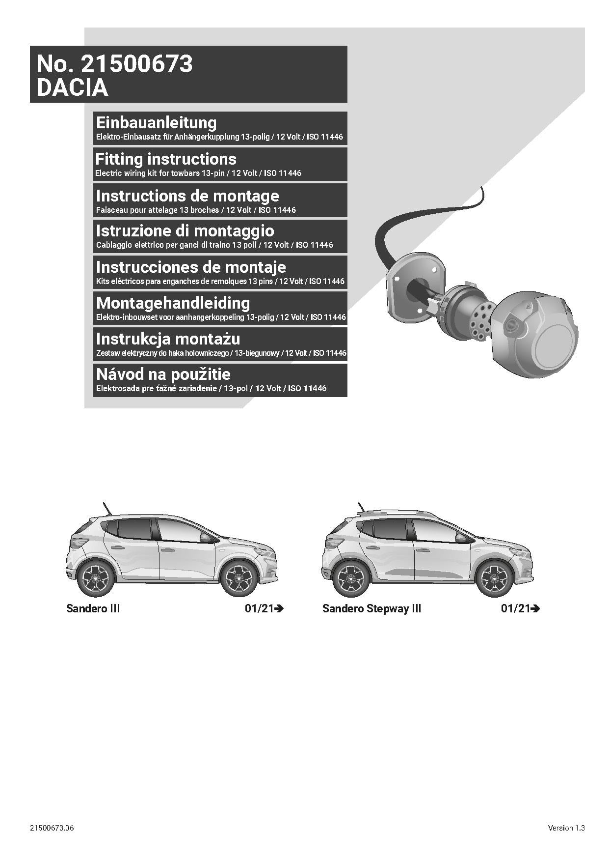 Dacia Sandero III / Stepway III 13 Pin Çeki Demiri Elektrik Tesisatı (2021→)
