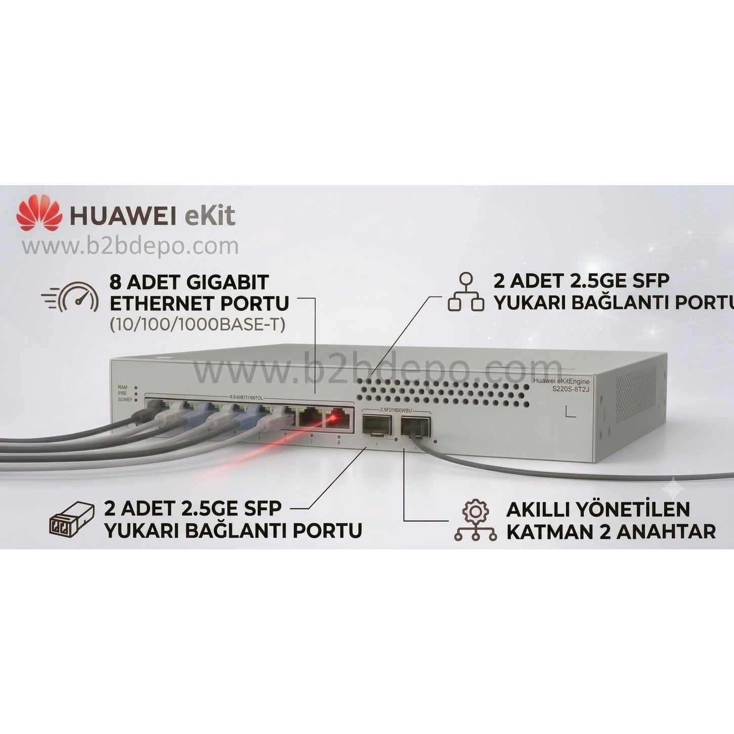 HUAWEI eKIT S220S-8T2J 8 PORT 10/100/1000 2 X 2.5GE SFP L2 CLOUDE YÖNETİLEBİLİR RACK MOUNT SWITCH