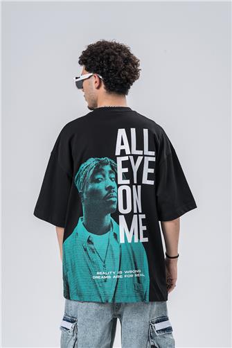 All Eyes On Me Siyah Bisiklet Yaka Oversize T-shirt