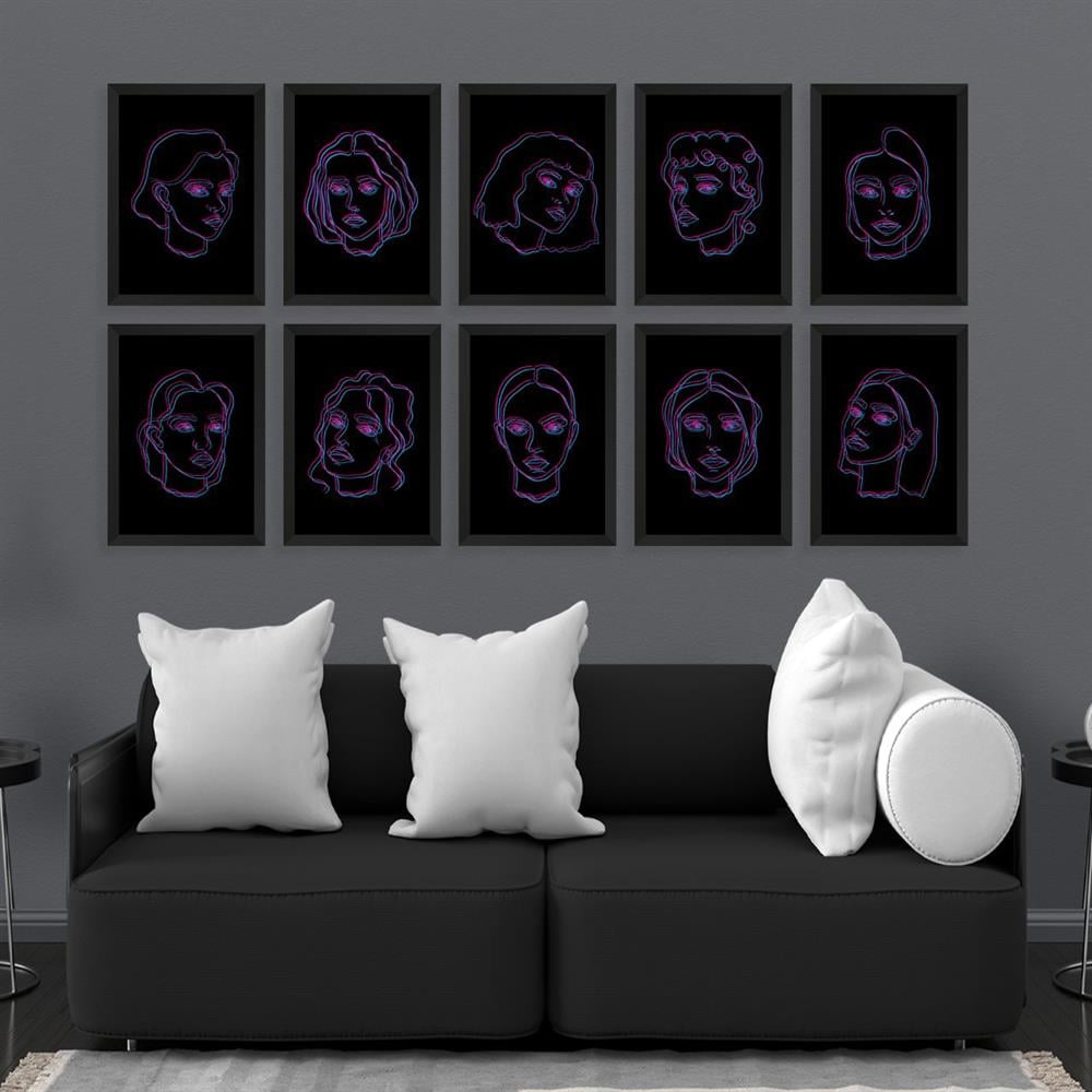 10 Parça Çerçeve Görünümlü Neon Kadın Portre
