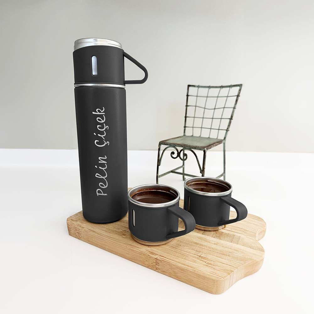 Kişiye Özel, 3 Bardaklı , Hediye Kutulu 500 ml Termos Set | Siyah Renk